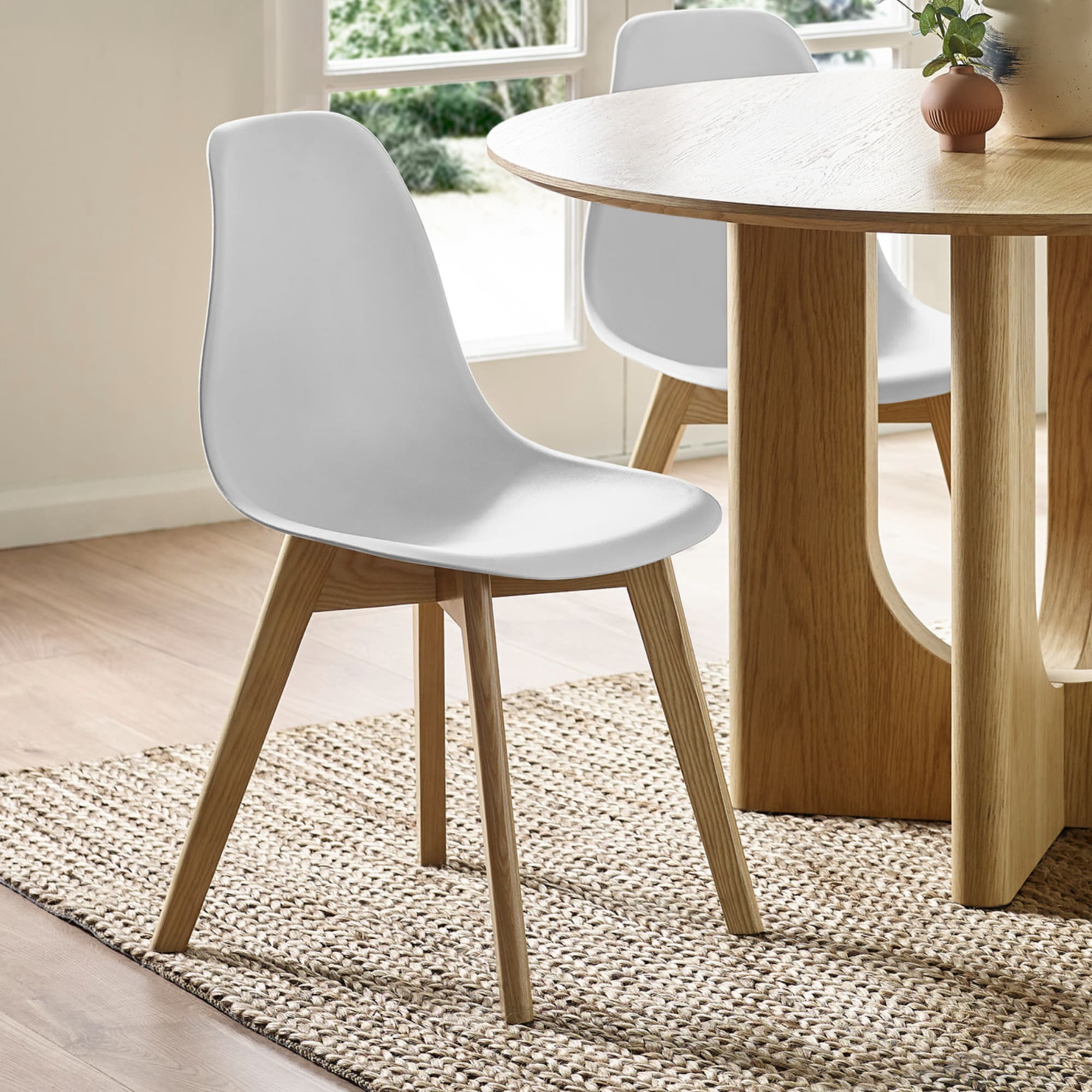 Set of 2 Agatha White Plastic Dining Chairs with Wooden Legs