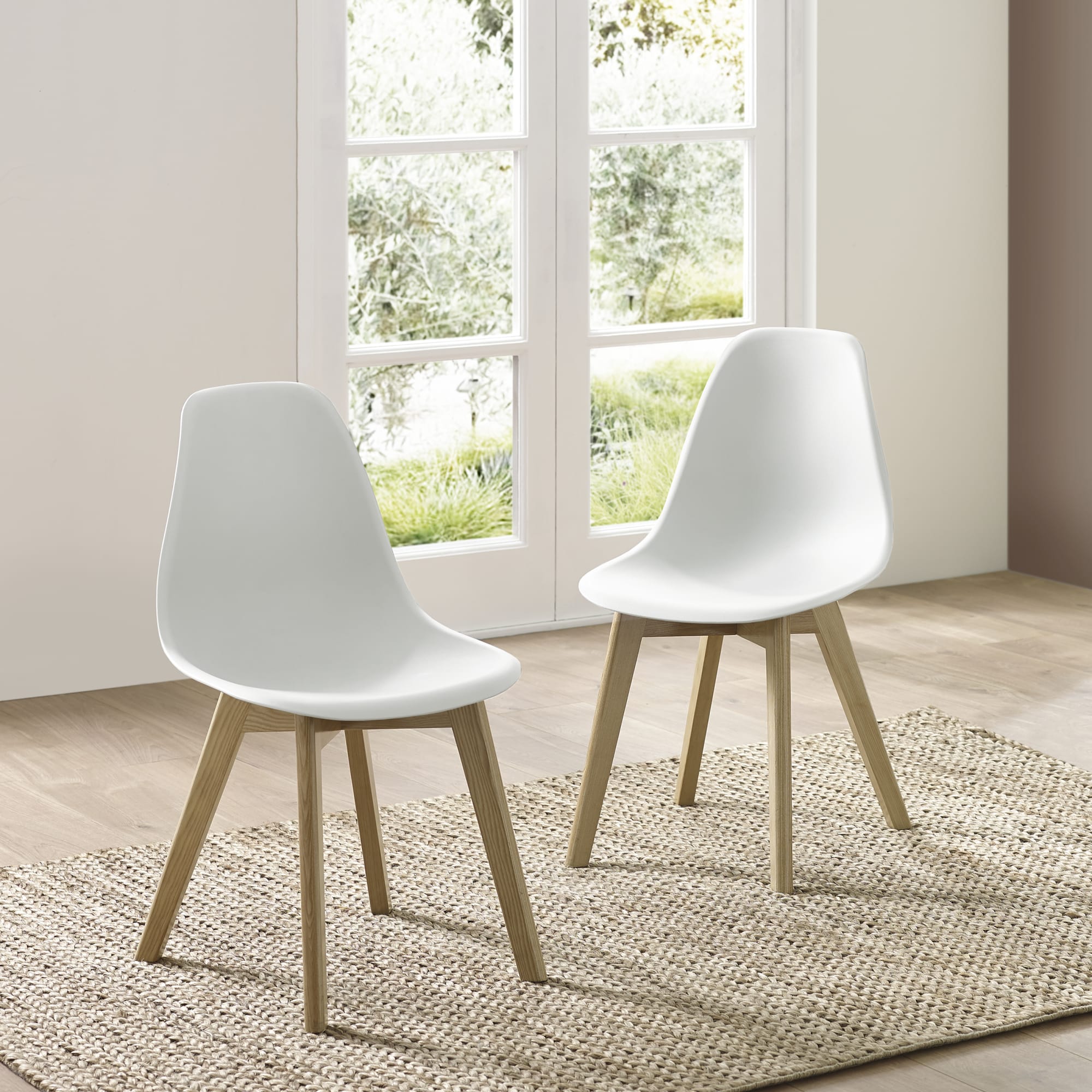 Set of 2 Agatha White Plastic Dining Chairs with Wooden Legs