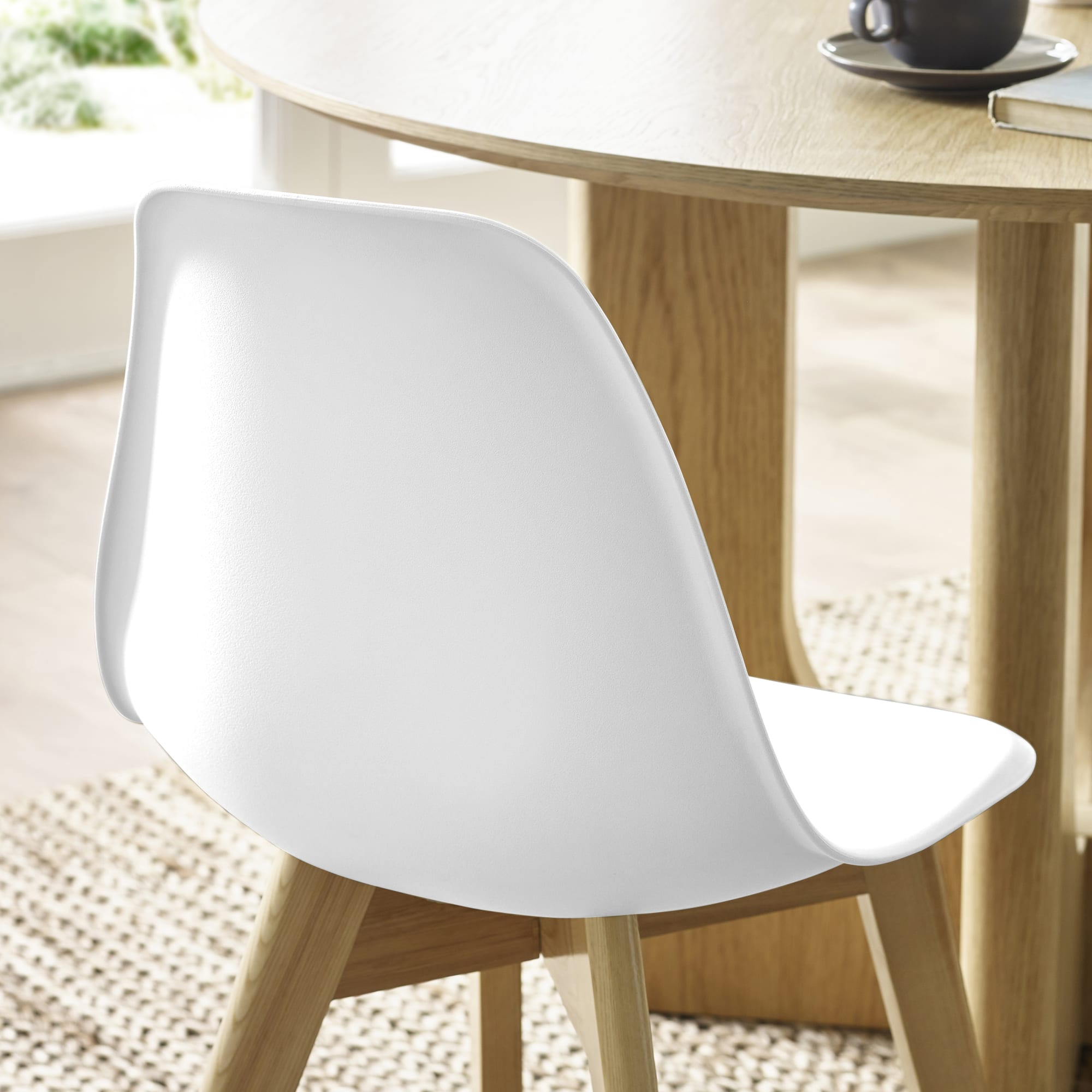 Set of 2 Agatha White Plastic Dining Chairs with Wooden Legs