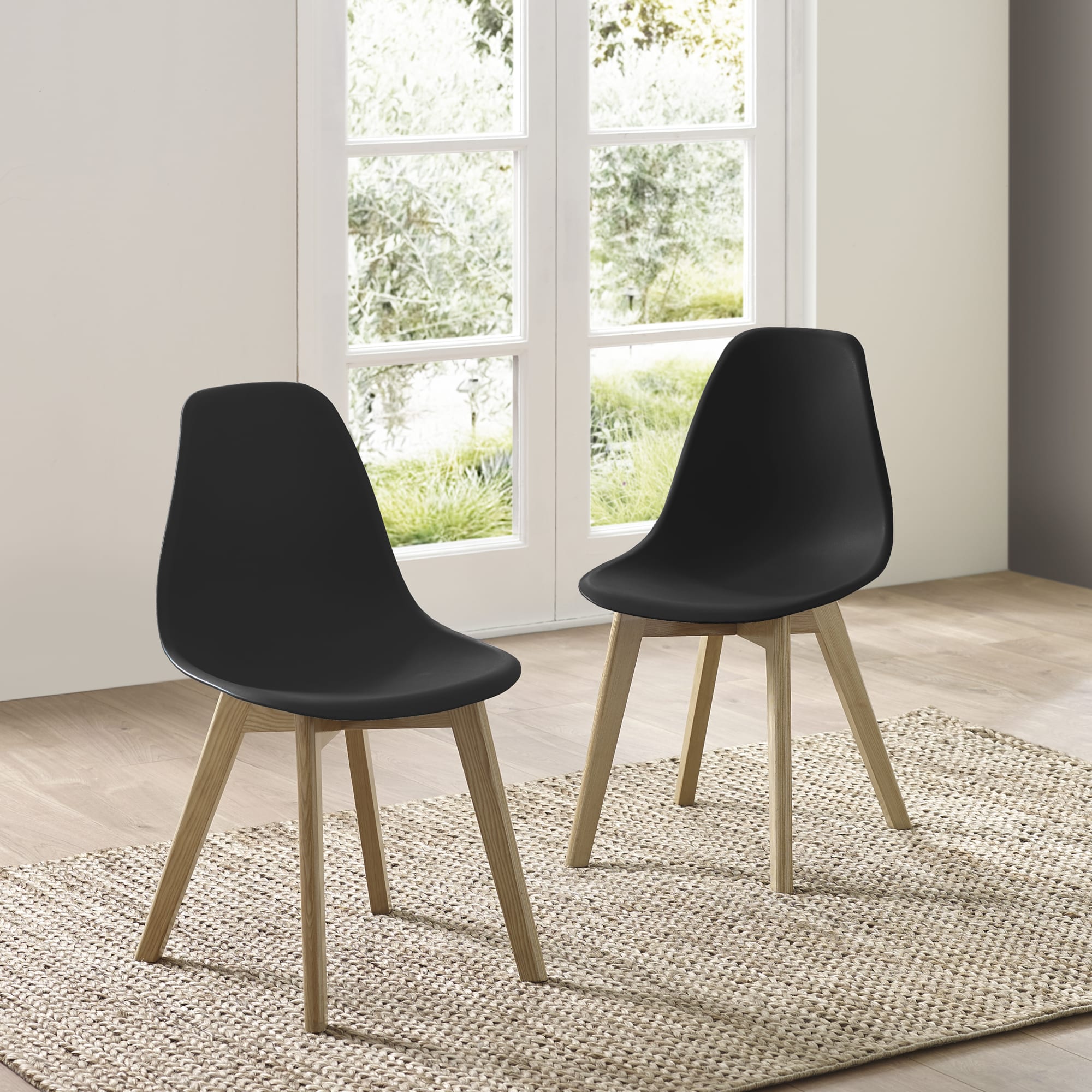Set of 2 Agatha Black Plastic Dining Chairs with Wooden Legs