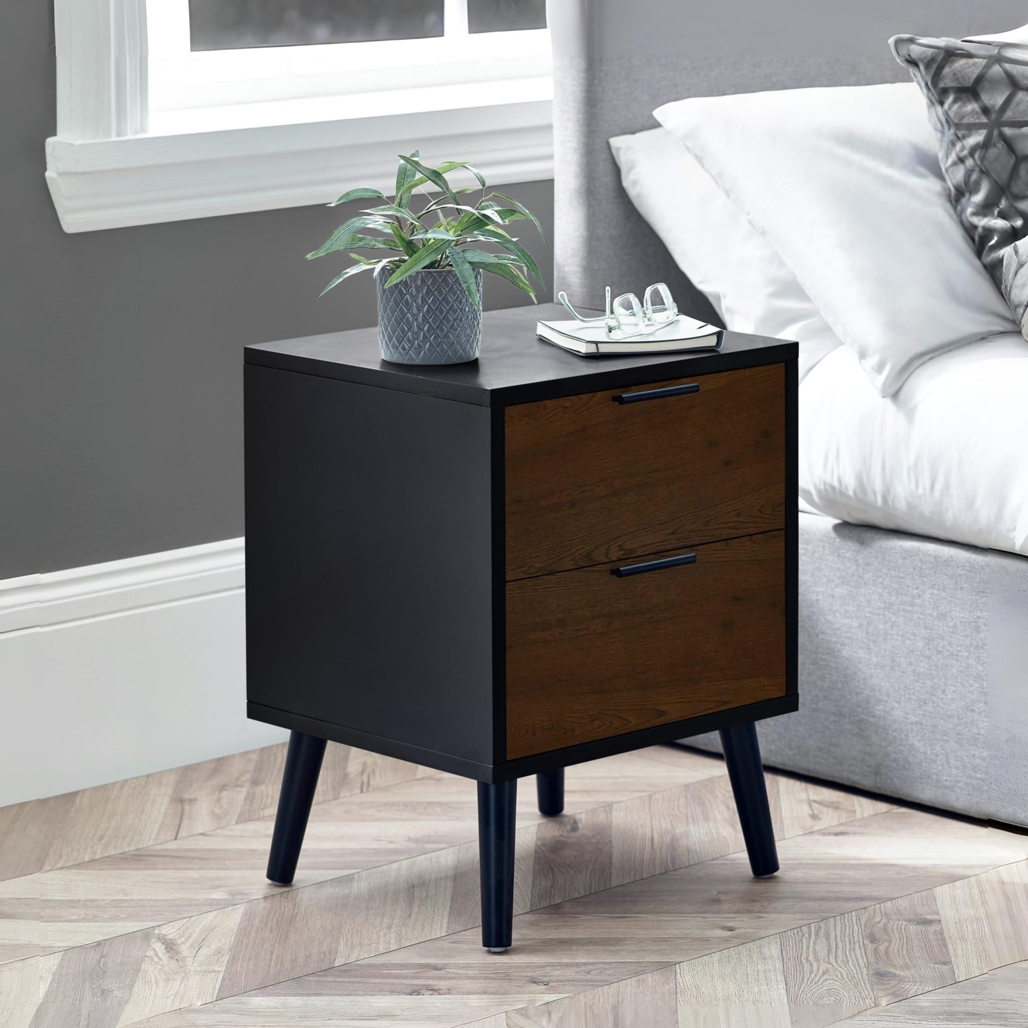 Alba 2 Drawer Bedside - Walnut/Black