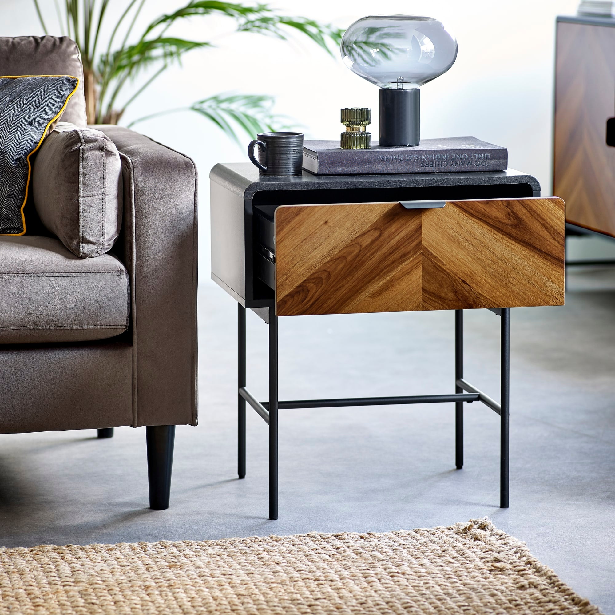Alvin Black and Natural Wood���effect 1 Drawer Lamp Table