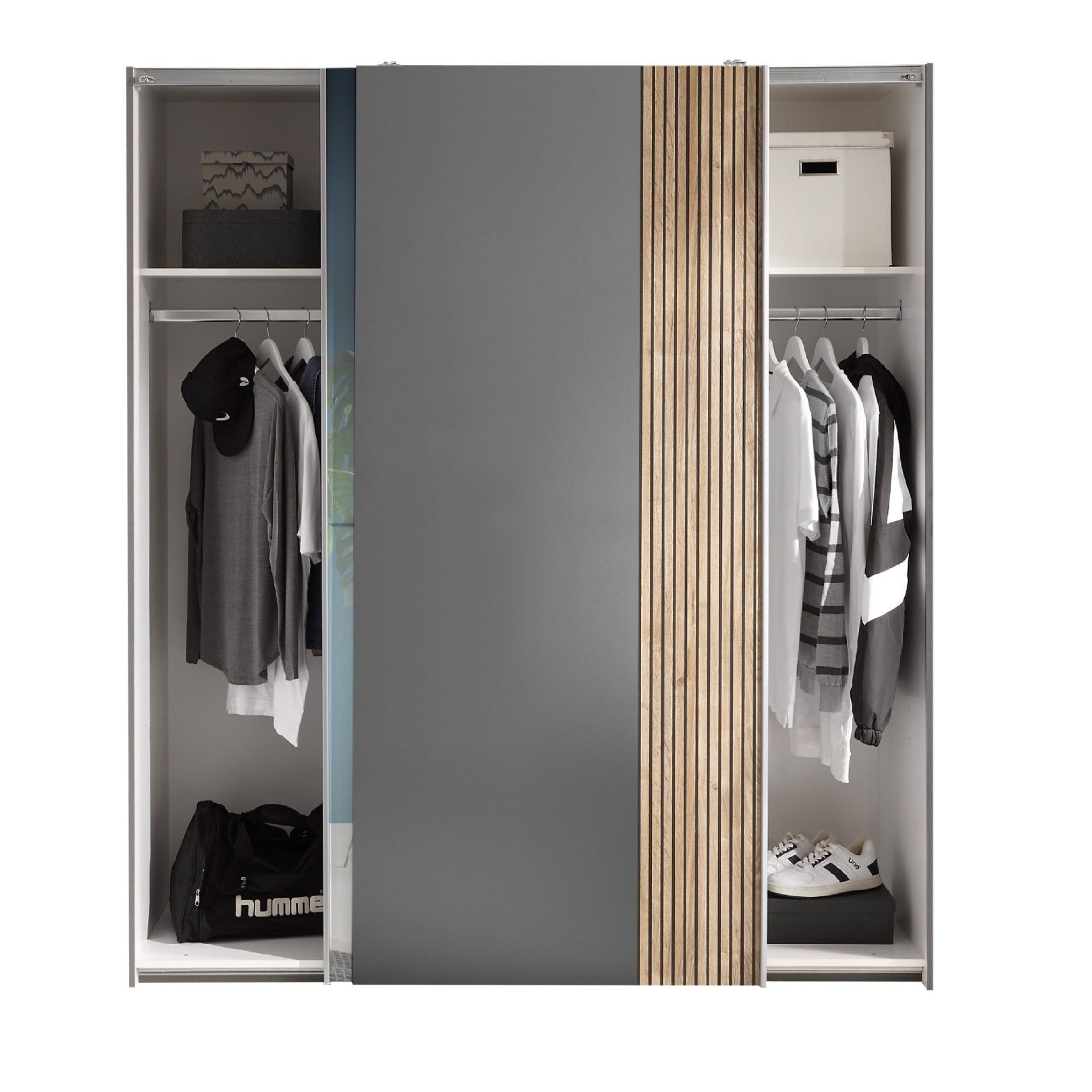 Berno Light Oak and Dark Grey Sliding 2 Door Wardrobe With Mirror