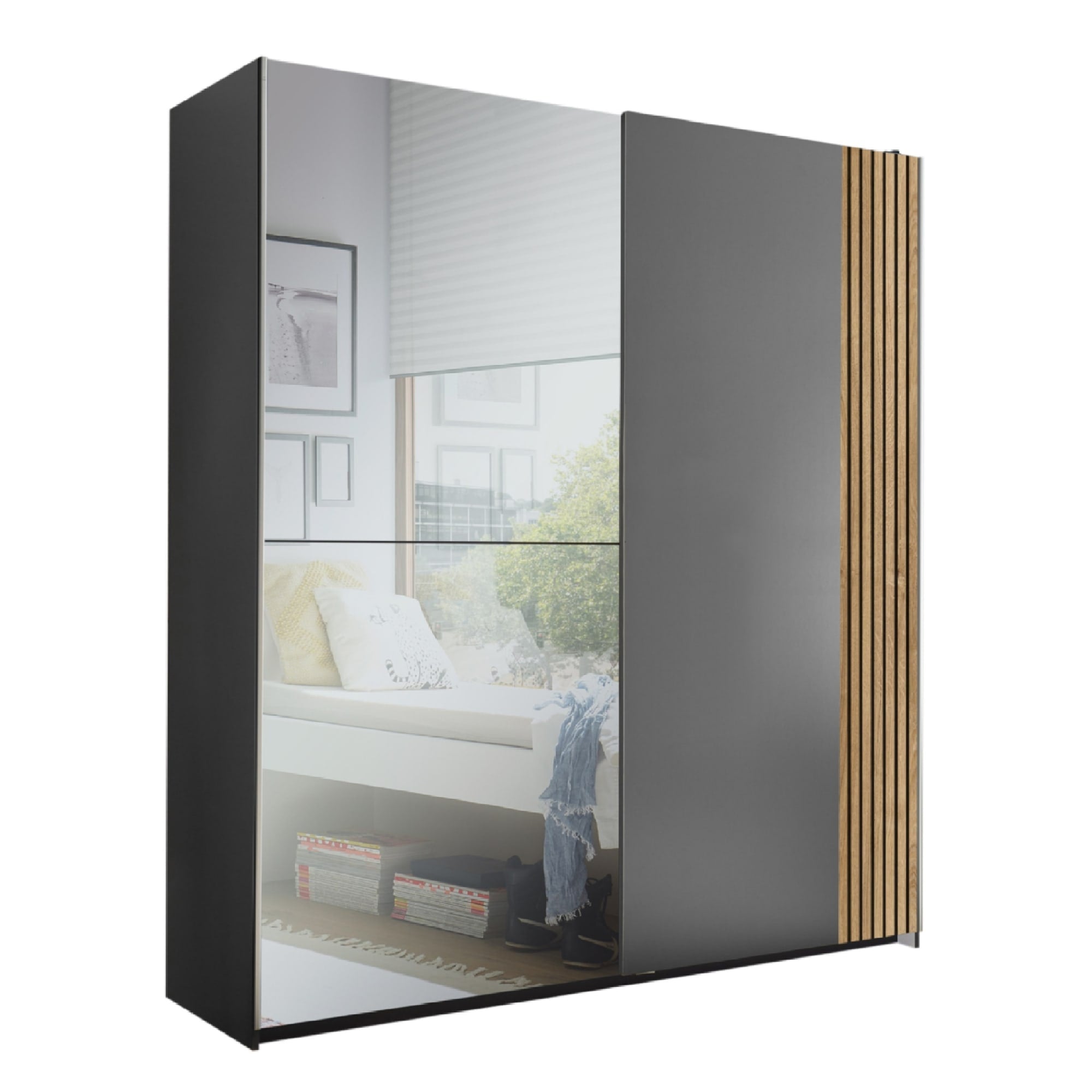 Berno Light Oak and Dark Grey Sliding 2 Door Wardrobe With Mirror