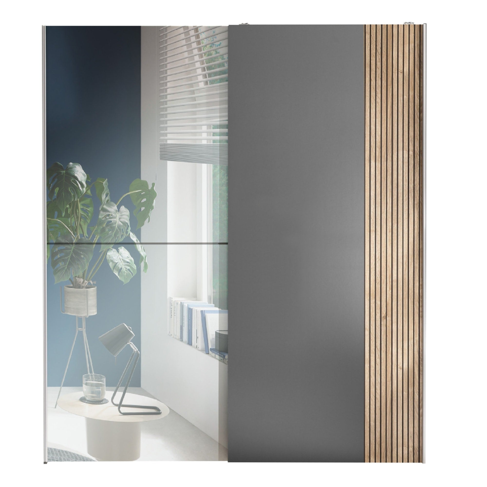 Berno Light Oak and Dark Grey Sliding 2 Door Wardrobe With Mirror