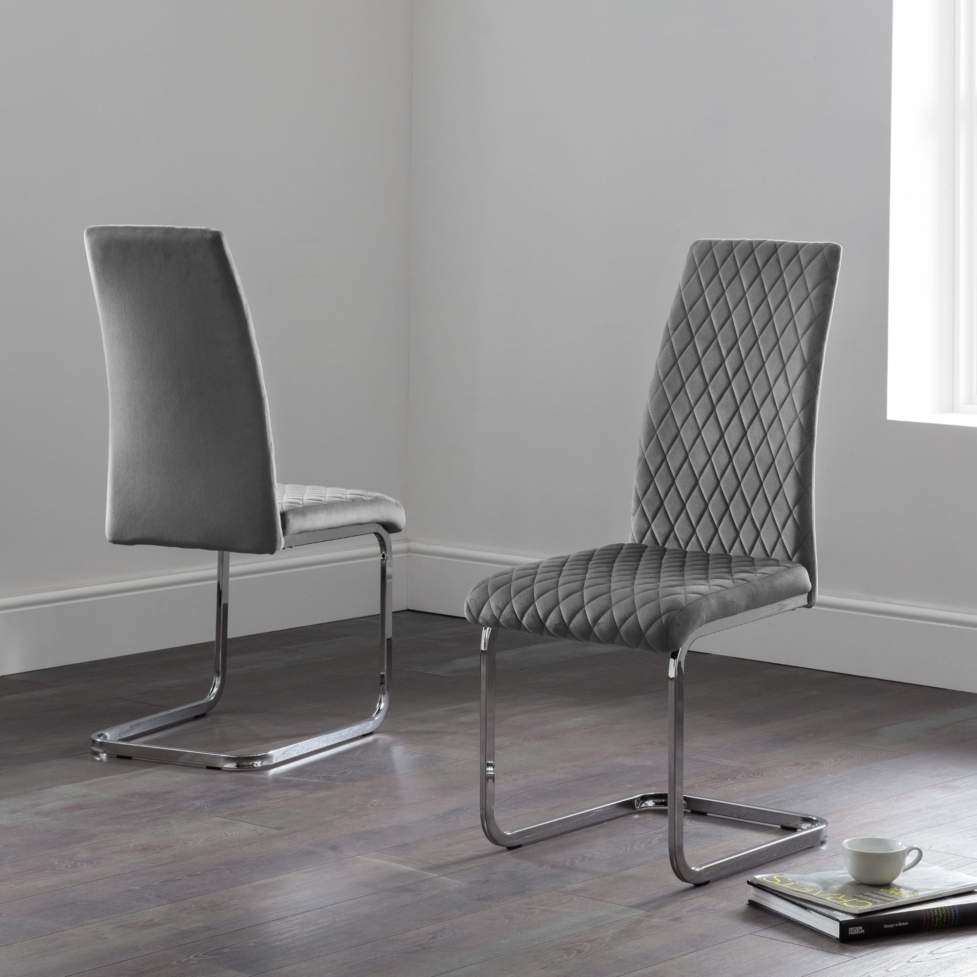 Set Of 4 Calabria Velvet Cantilever Chairs - Grey