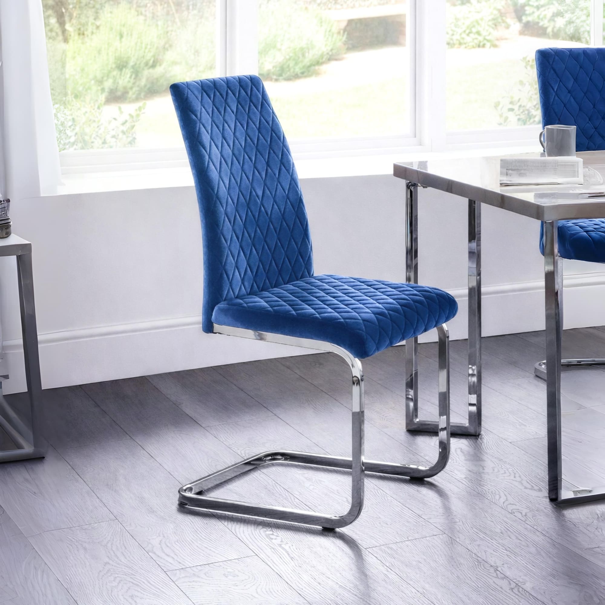Set Of 4 Calabria Velvet Cantilever Chairs - Blue