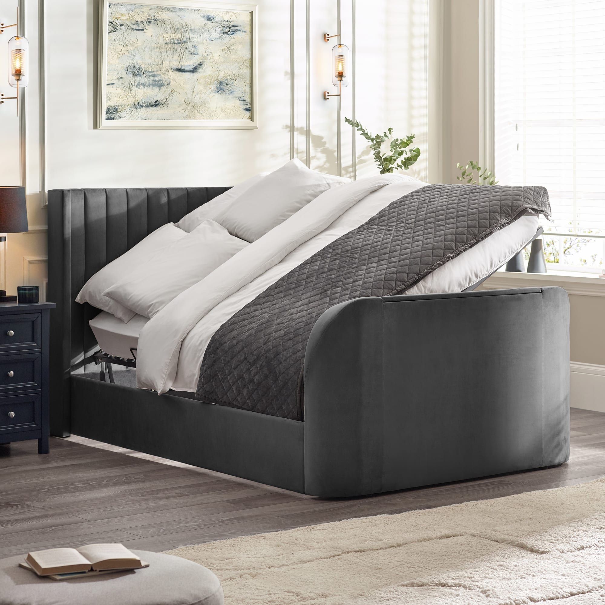 Clara Ottoman Double TV Bed 135cm - Dark Grey