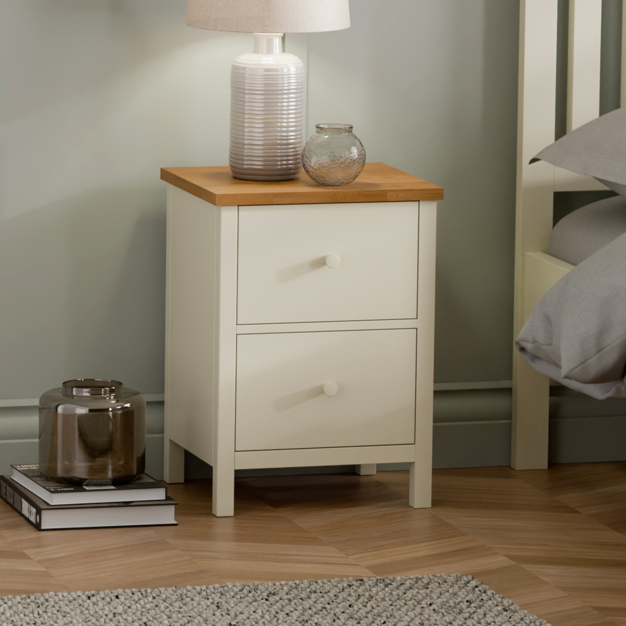 Coxmoor 2 Drawer Bedside - Ivory and Oak