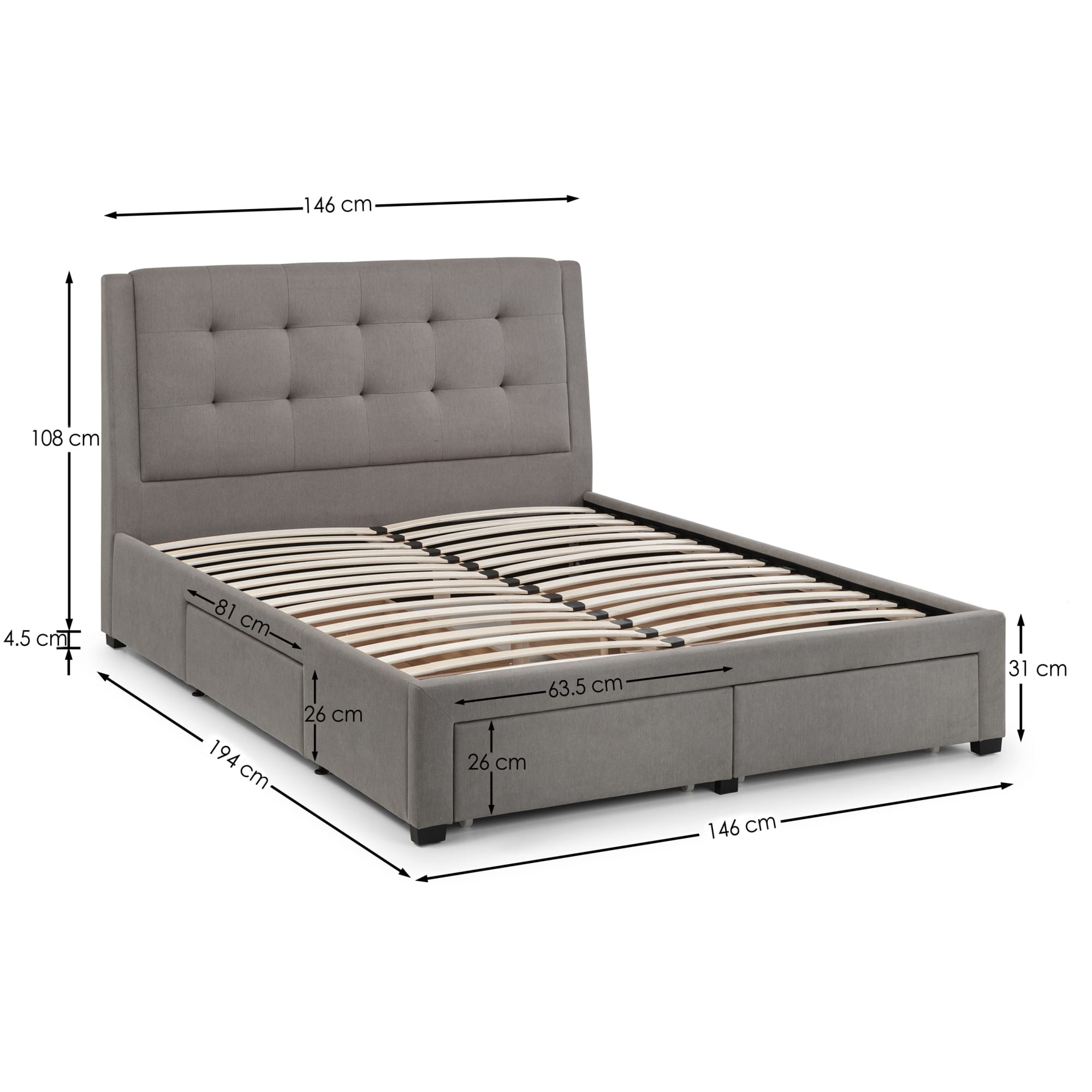 Fullerton 4 Drawer 135cm Double Bed Grey