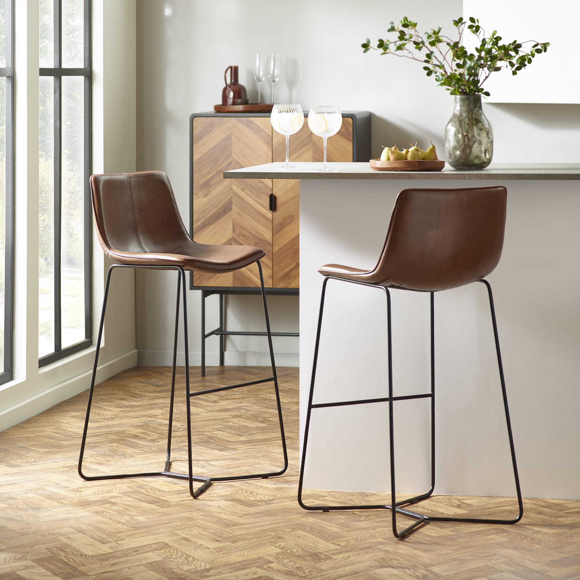 Set of 2 Joren Tan Brown PU Leather Bar Stools