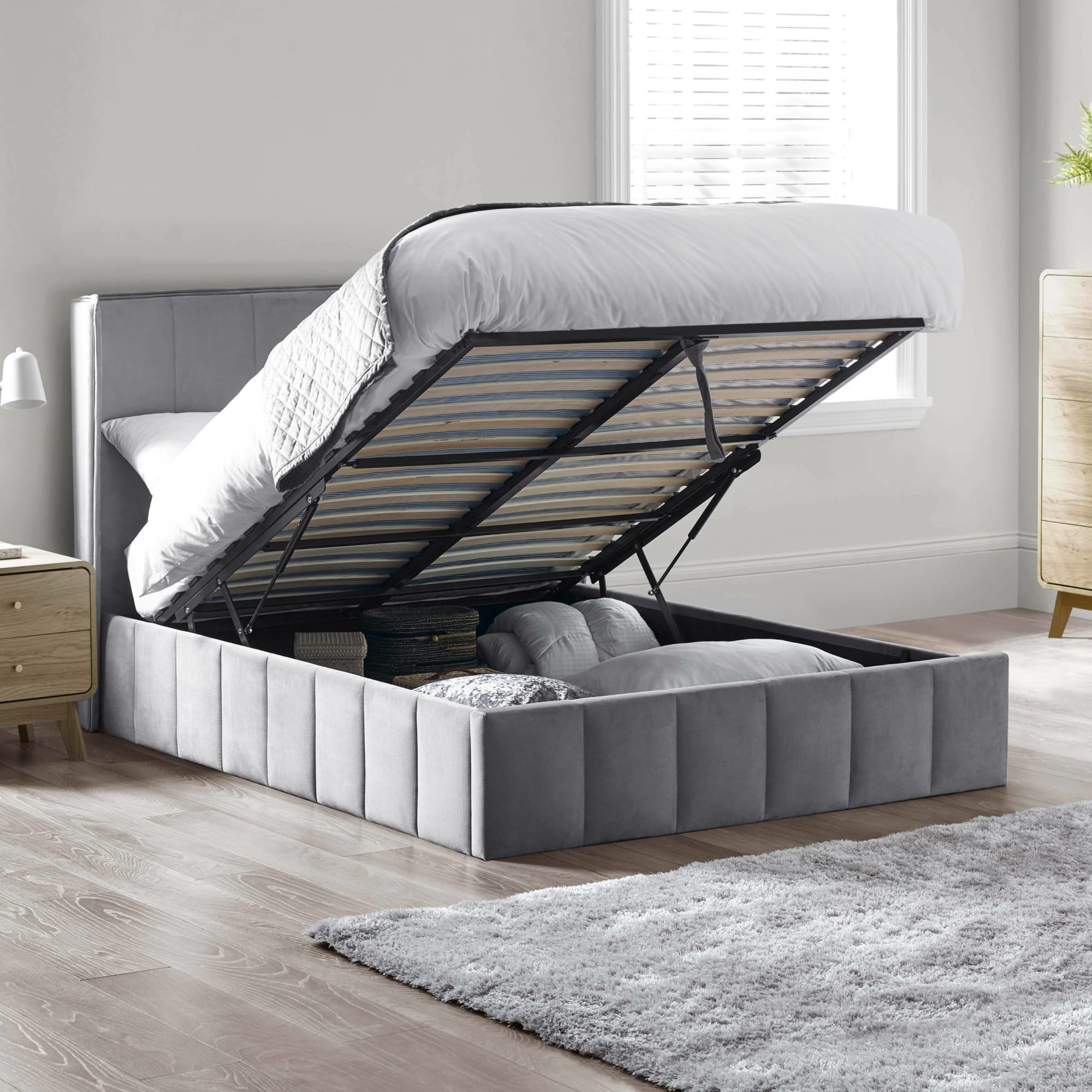 Katie Grey Velvet Upholstered 150cm Kingsize Ottoman Storage Bed
