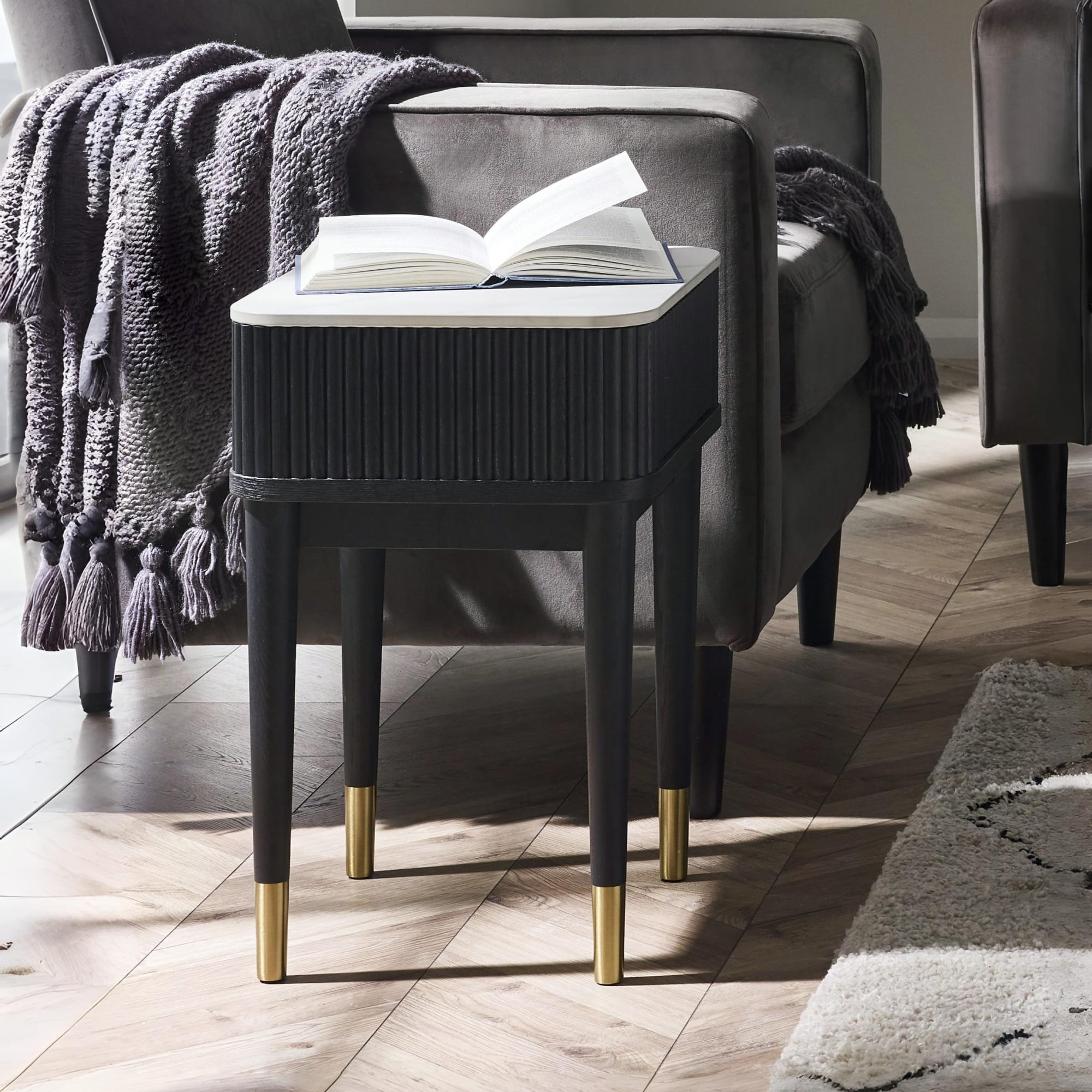Louis��Fluted Stone Top Lamp Table With Drawer - Black