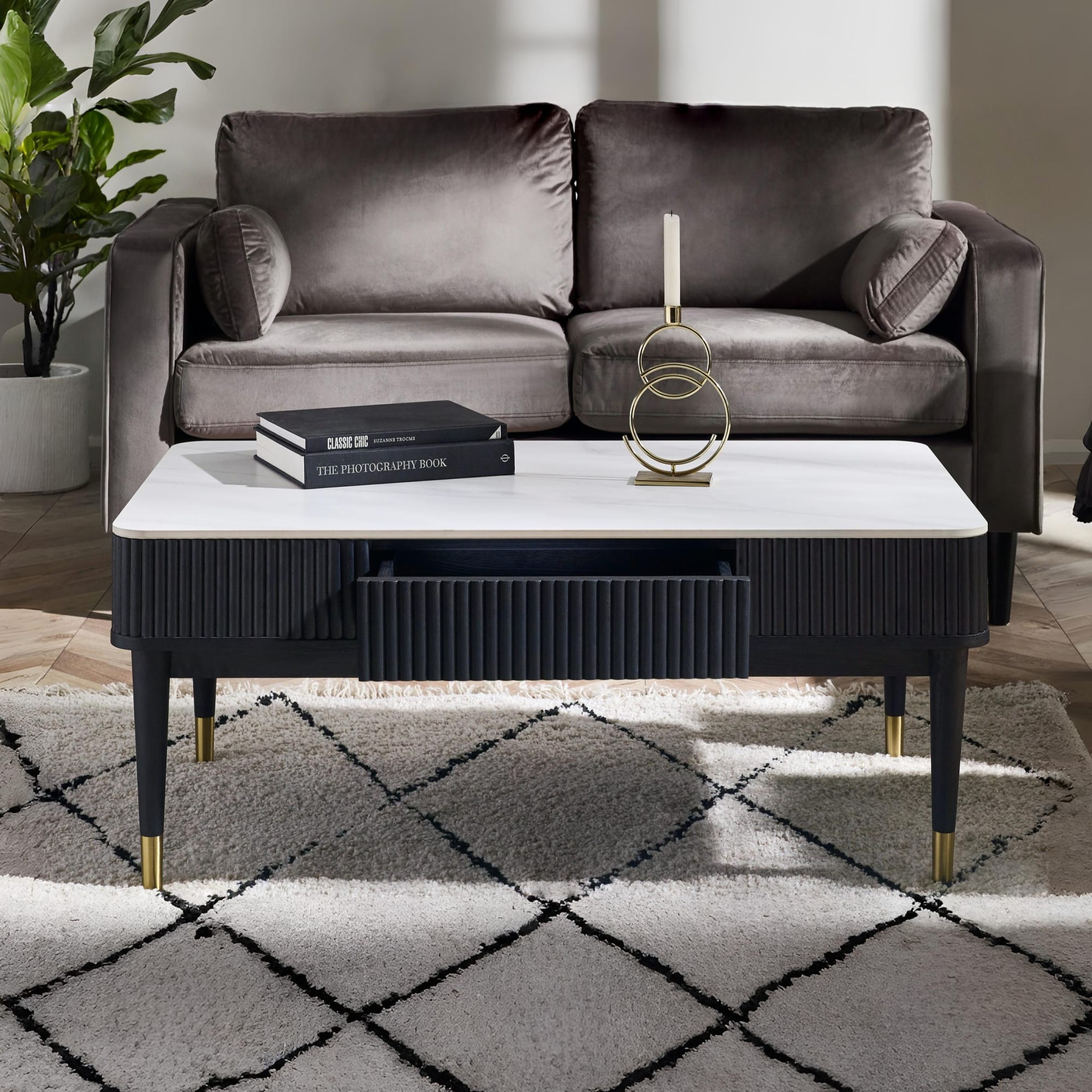 Louis��Fluted Stone Top Coffee Table With 2 Drawers - Black