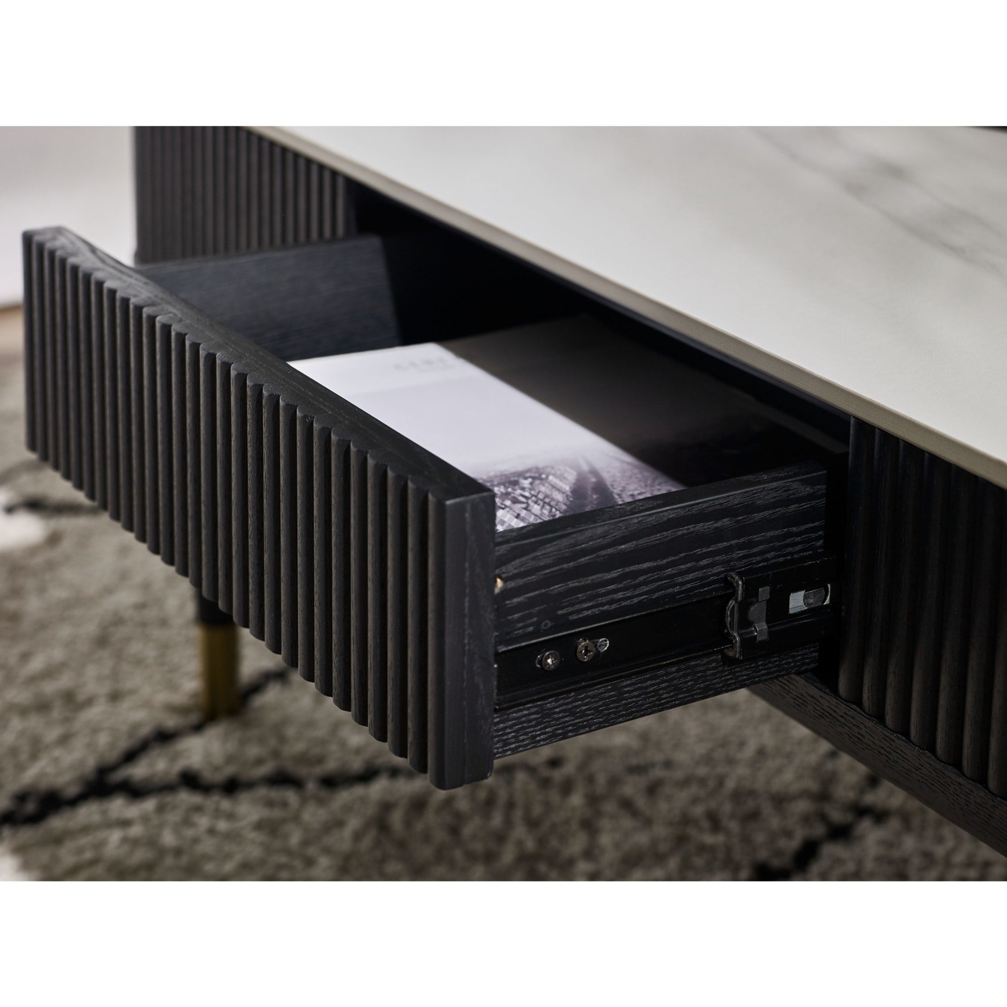Louis��Fluted Stone Top Coffee Table With 2 Drawers - Black