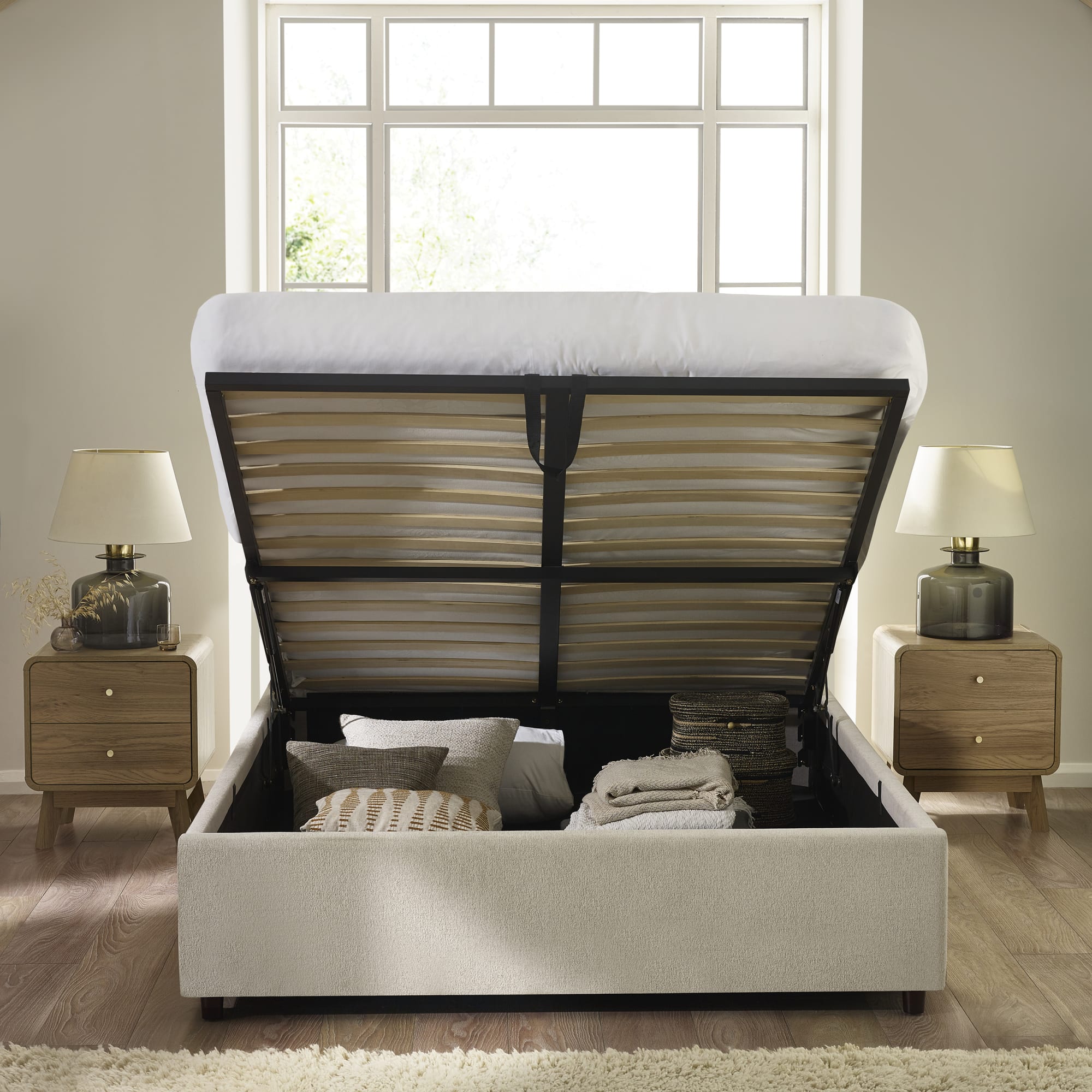 Maddock Beige Upholstered Ottoman Storage 150cm King Bed