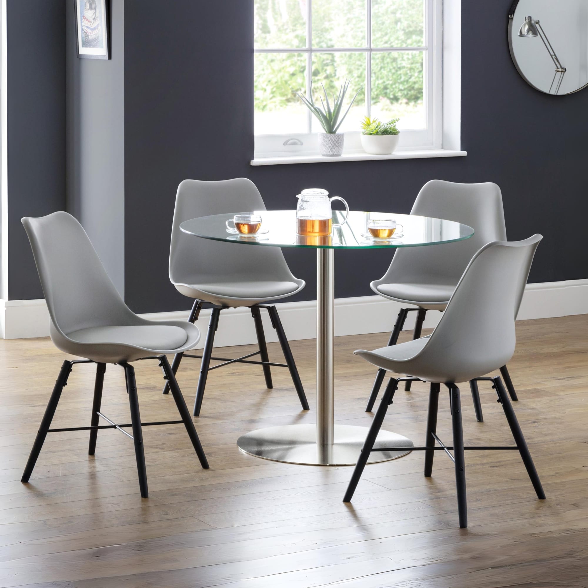 Milan Round Glass Brushed Steel Pedestal Table
