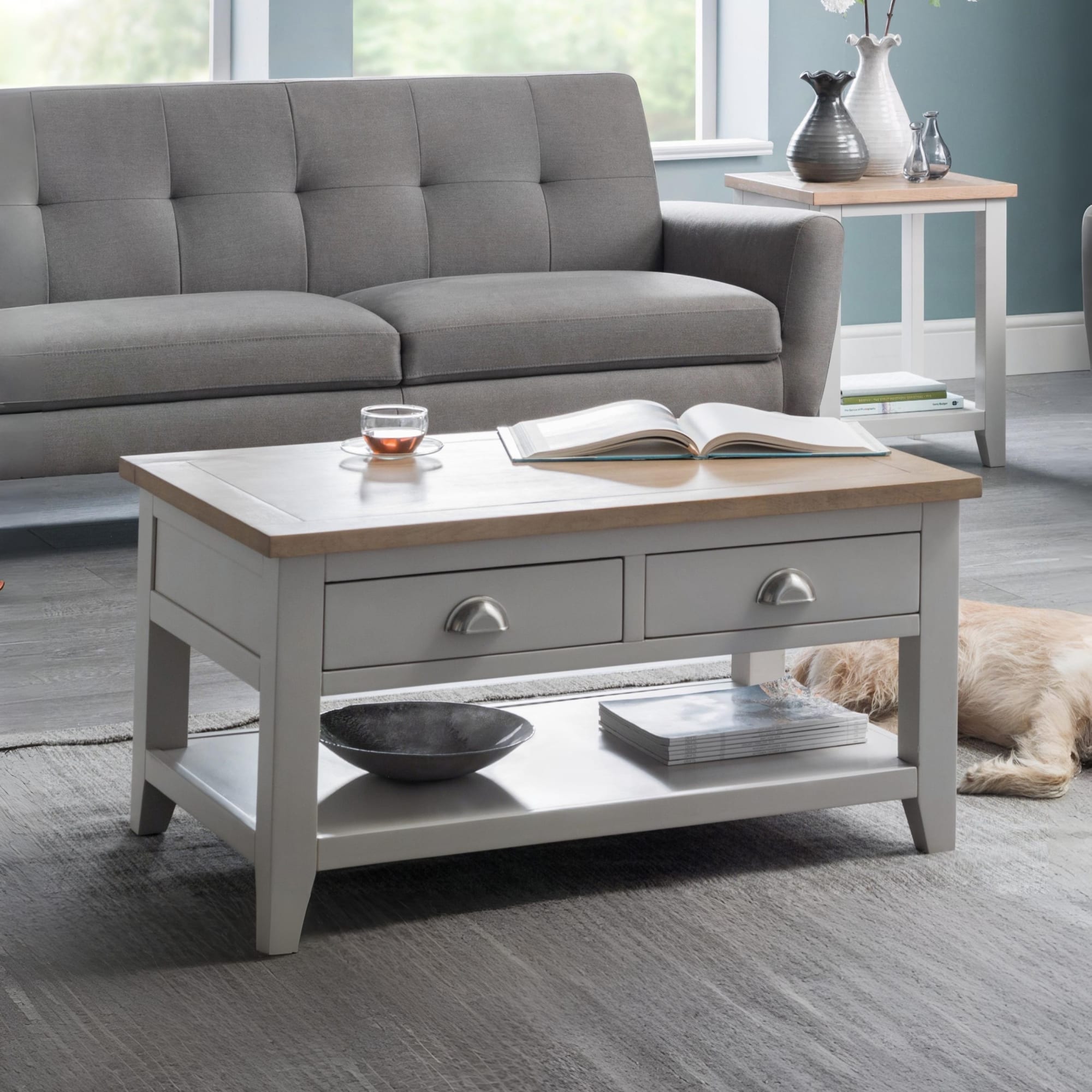 Richmond Coffee Table With 2 Drawers - Grey/Pale Oak
