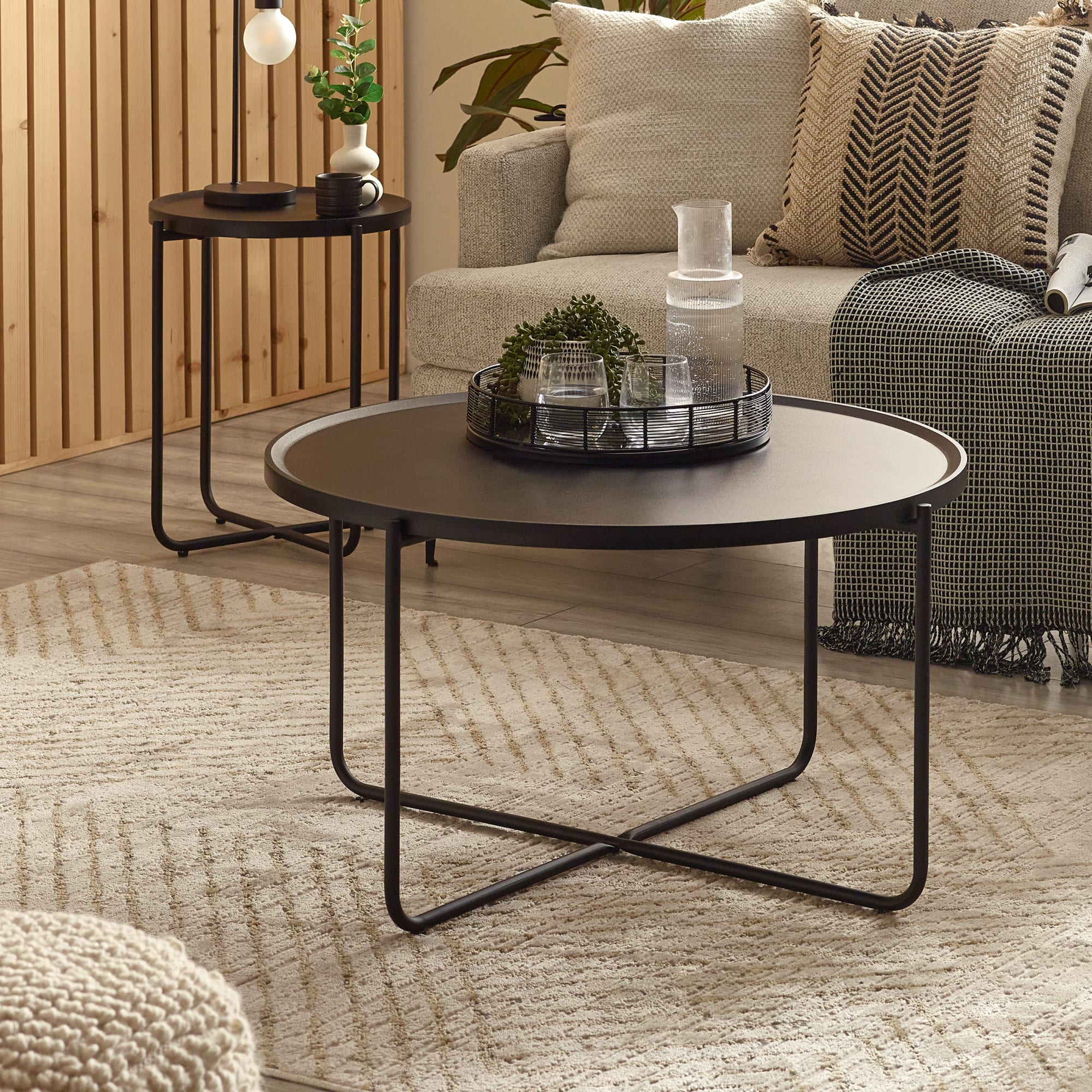 Sagrada Round Black Coffee and Lamp Table Set