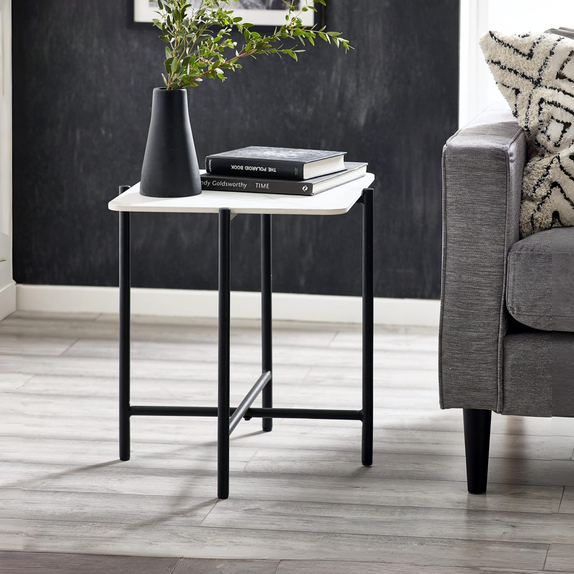 Siena White Marbled Sintered Stone Square Lamp Table