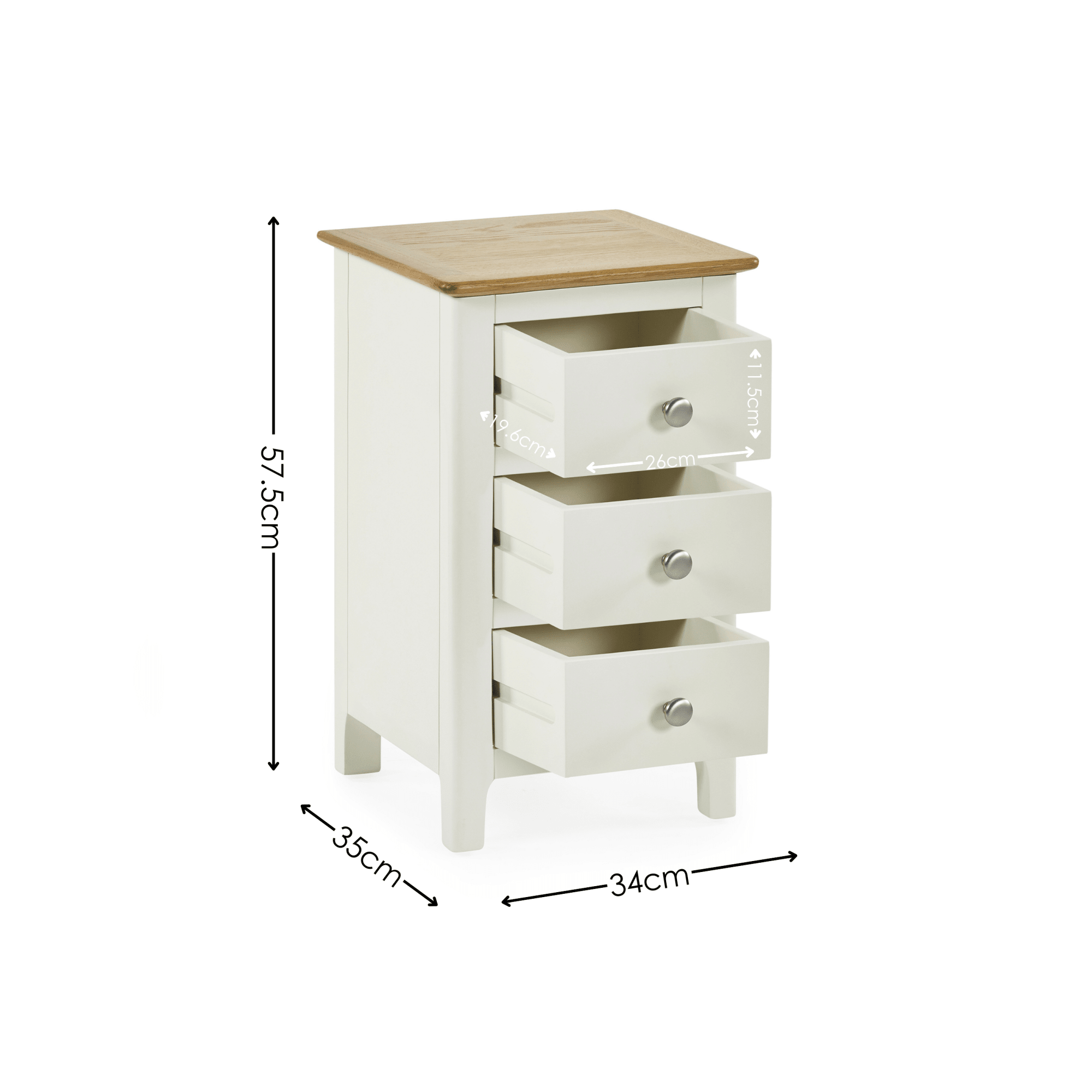 Somerset White and Oak Compact 3 Drawer Bedside Table