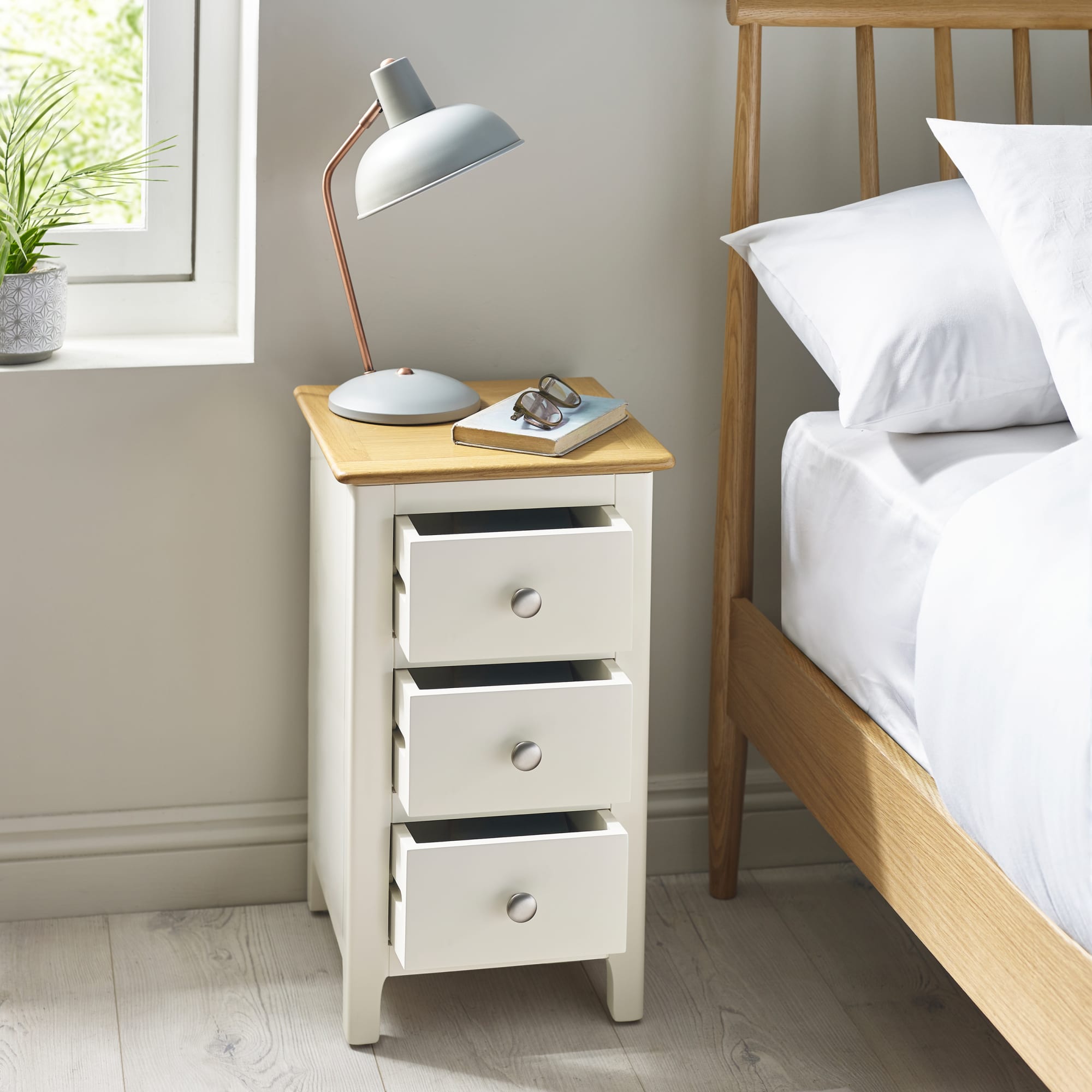 Somerset White and Oak Compact 3 Drawer Bedside Table