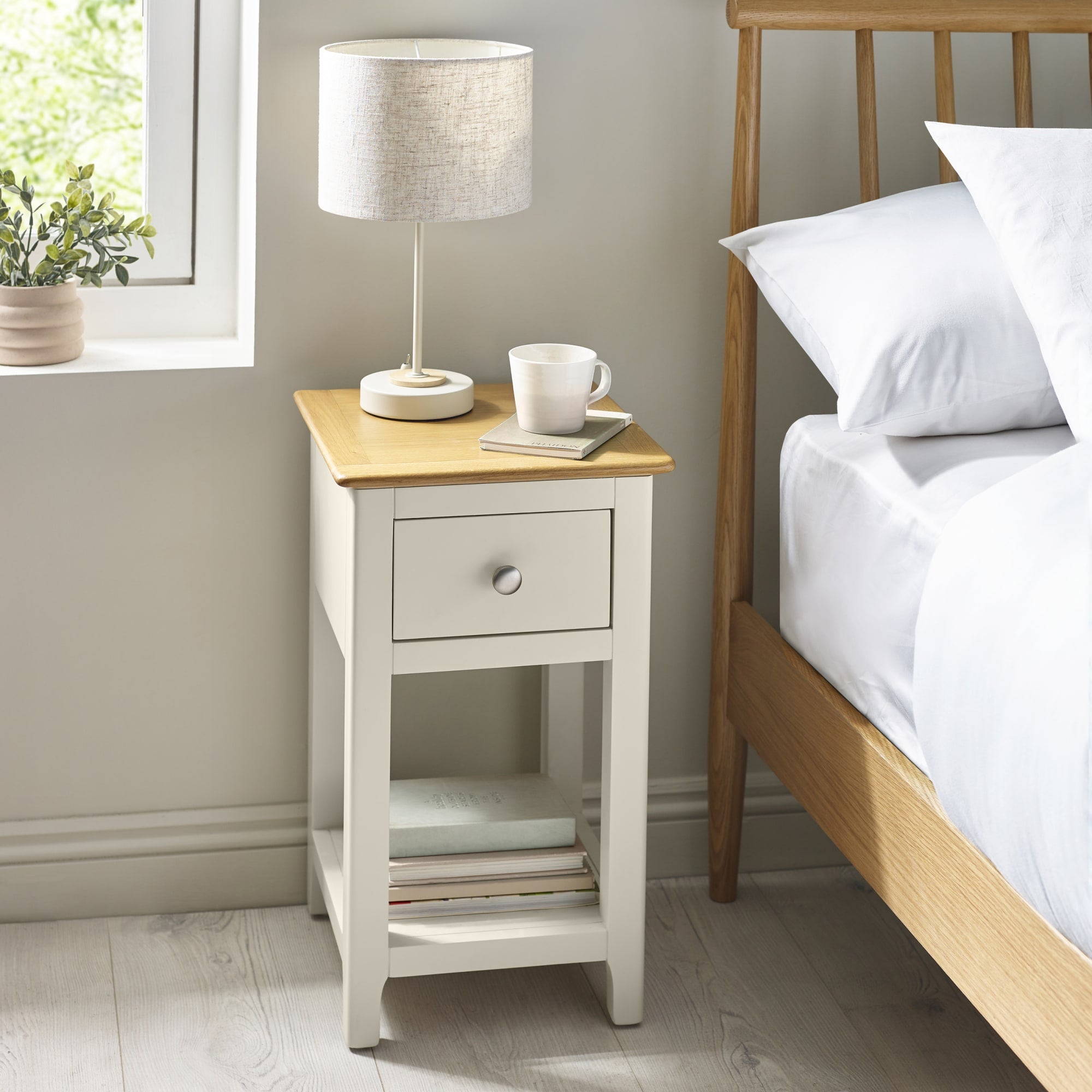 Somerset Truffle Grey and Oak Compact 1 Drawer Bedside Table with Shelf