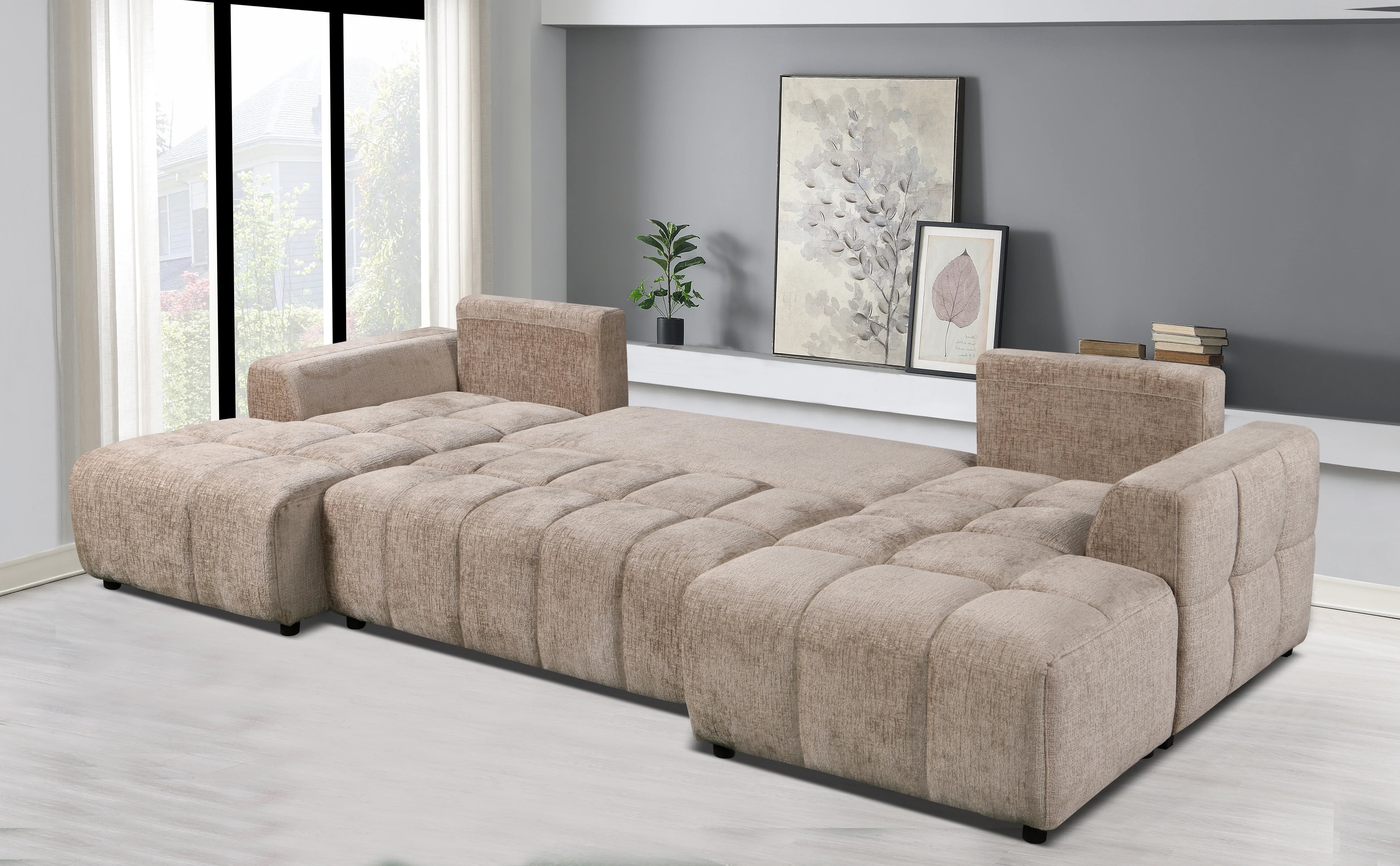 Shanghai Large Beige U Shape Corner Sofabed