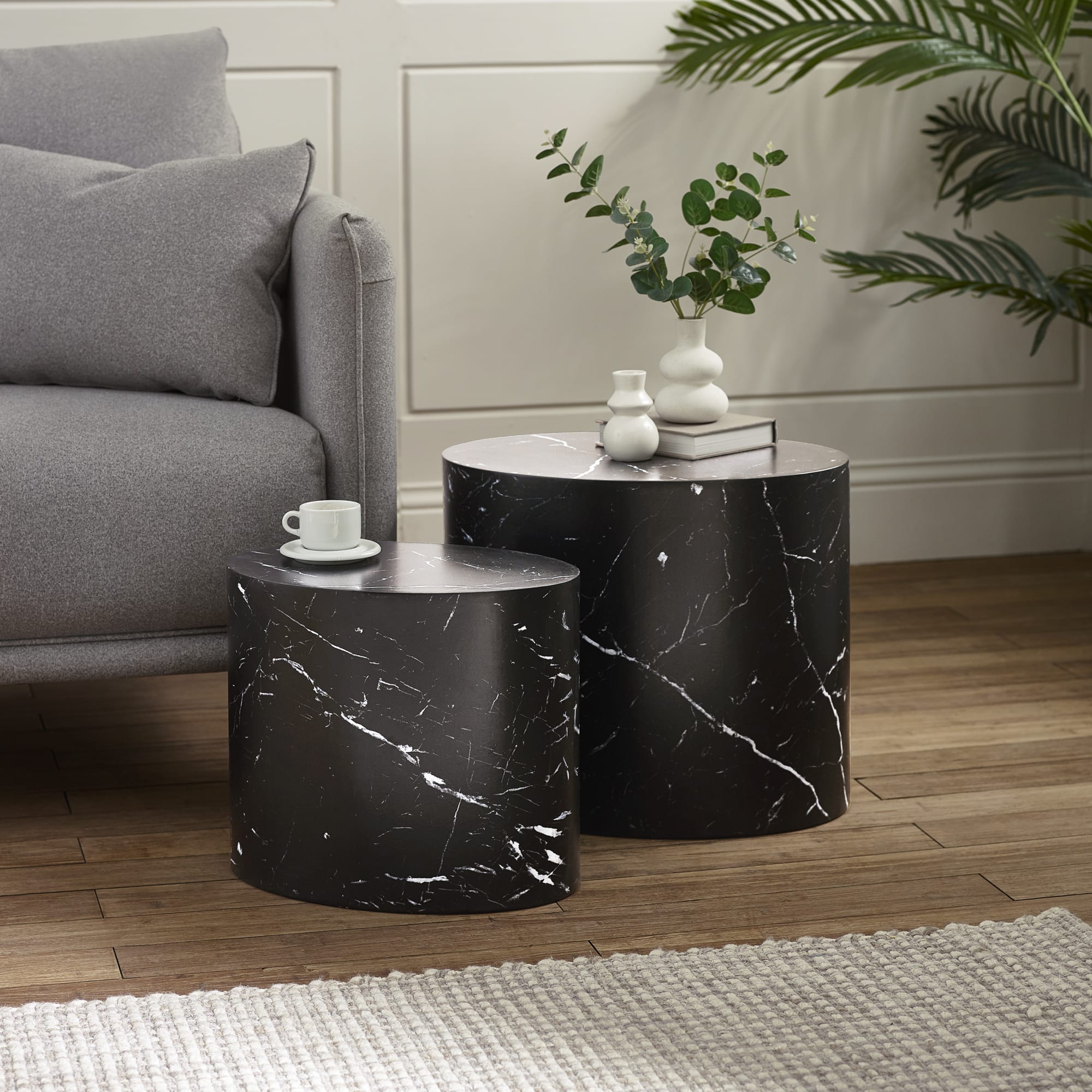 Toba Nest of 2 Black Marble Effect Tables