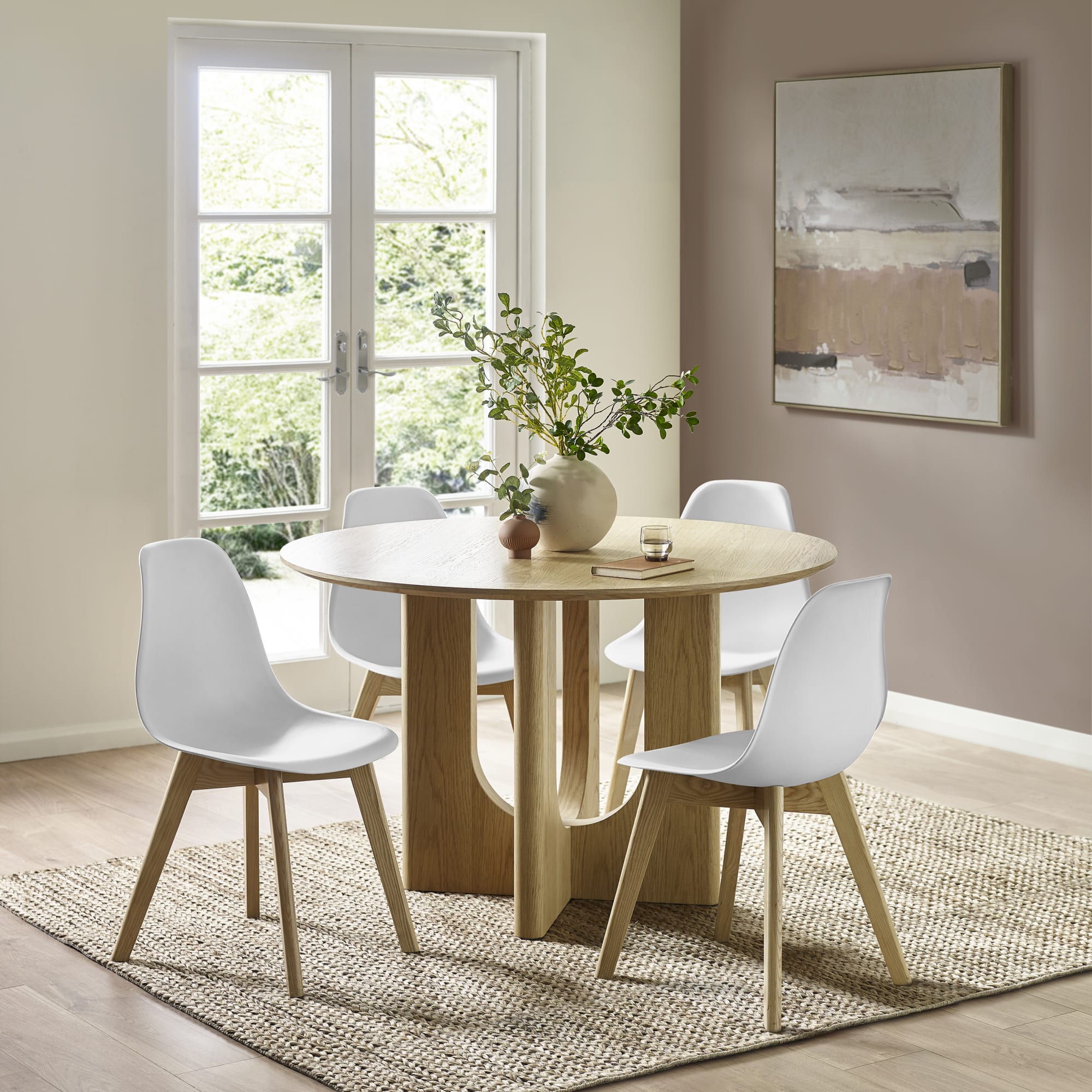 Set of 2 Agatha White Plastic Dining Chairs with Wooden Legs