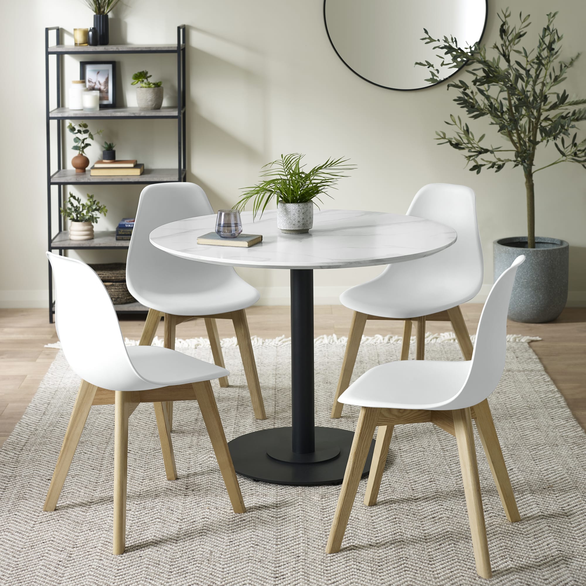 Set of 2 Agatha White Plastic Dining Chairs with Wooden Legs