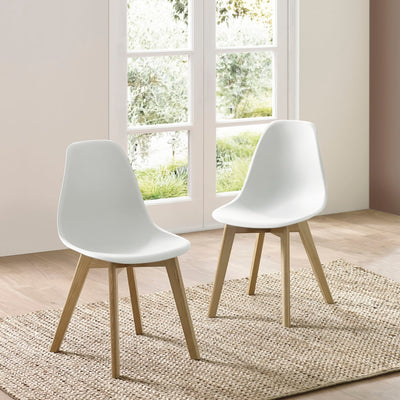 Set of 2 Agatha White Plastic Dining Chairs with Wooden Legs