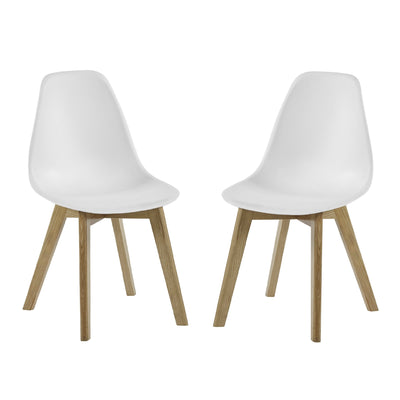 Set of 2 Agatha White Plastic Dining Chairs with Wooden Legs