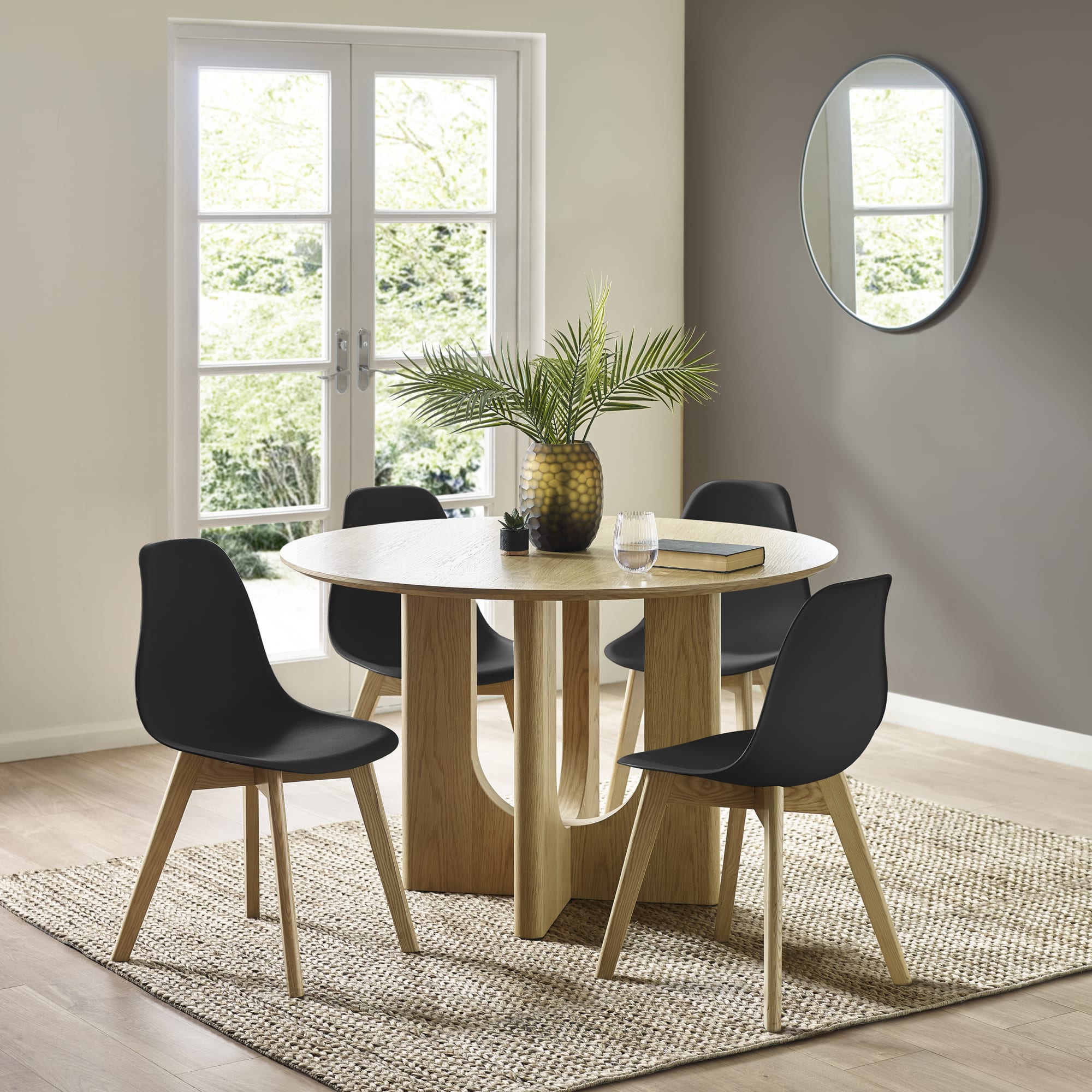 Set of 2 Agatha Black Plastic Dining Chairs with Wooden Legs