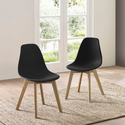 Set of 2 Agatha Black Plastic Dining Chairs with Wooden Legs