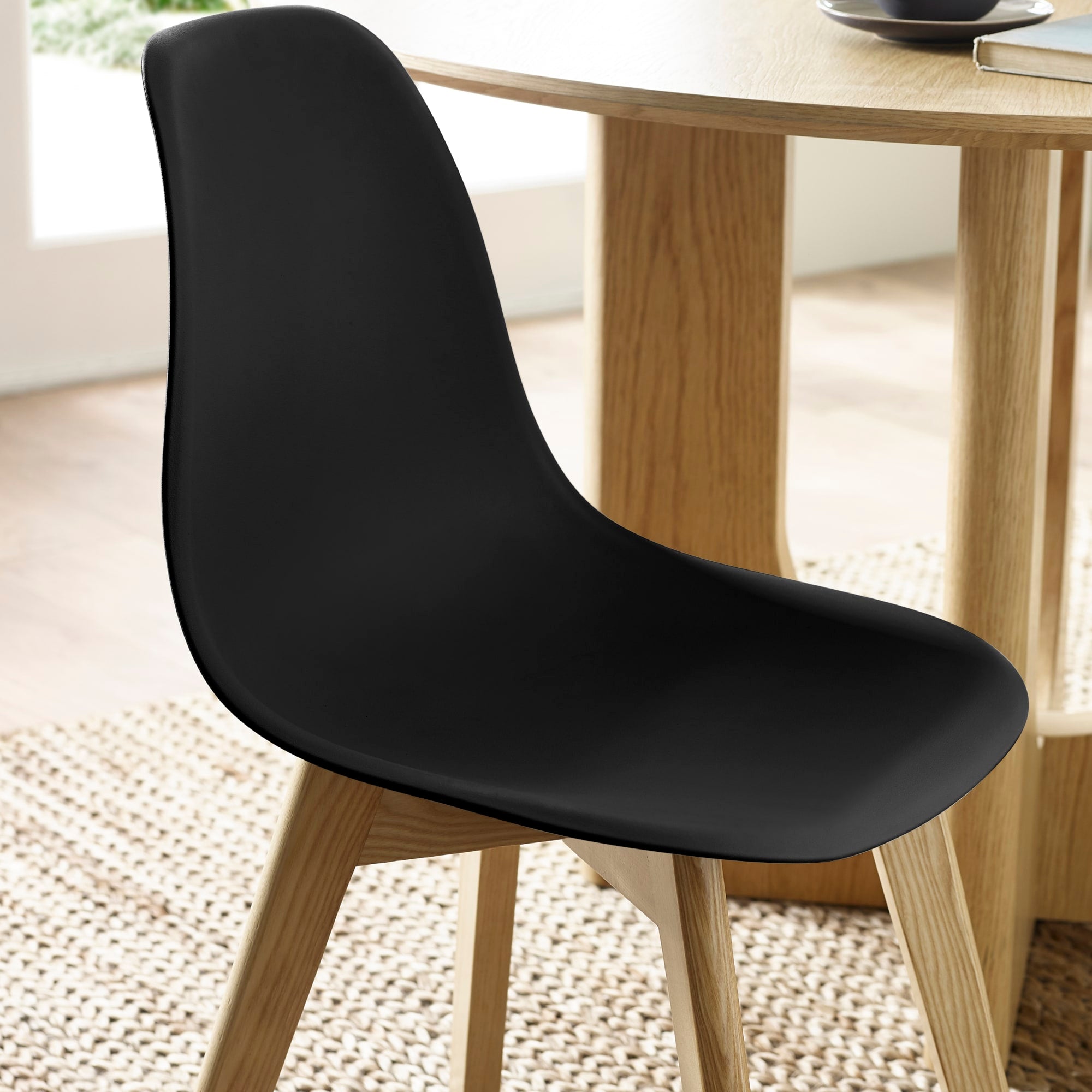Set of 2 Agatha Black Plastic Dining Chairs with Wooden Legs