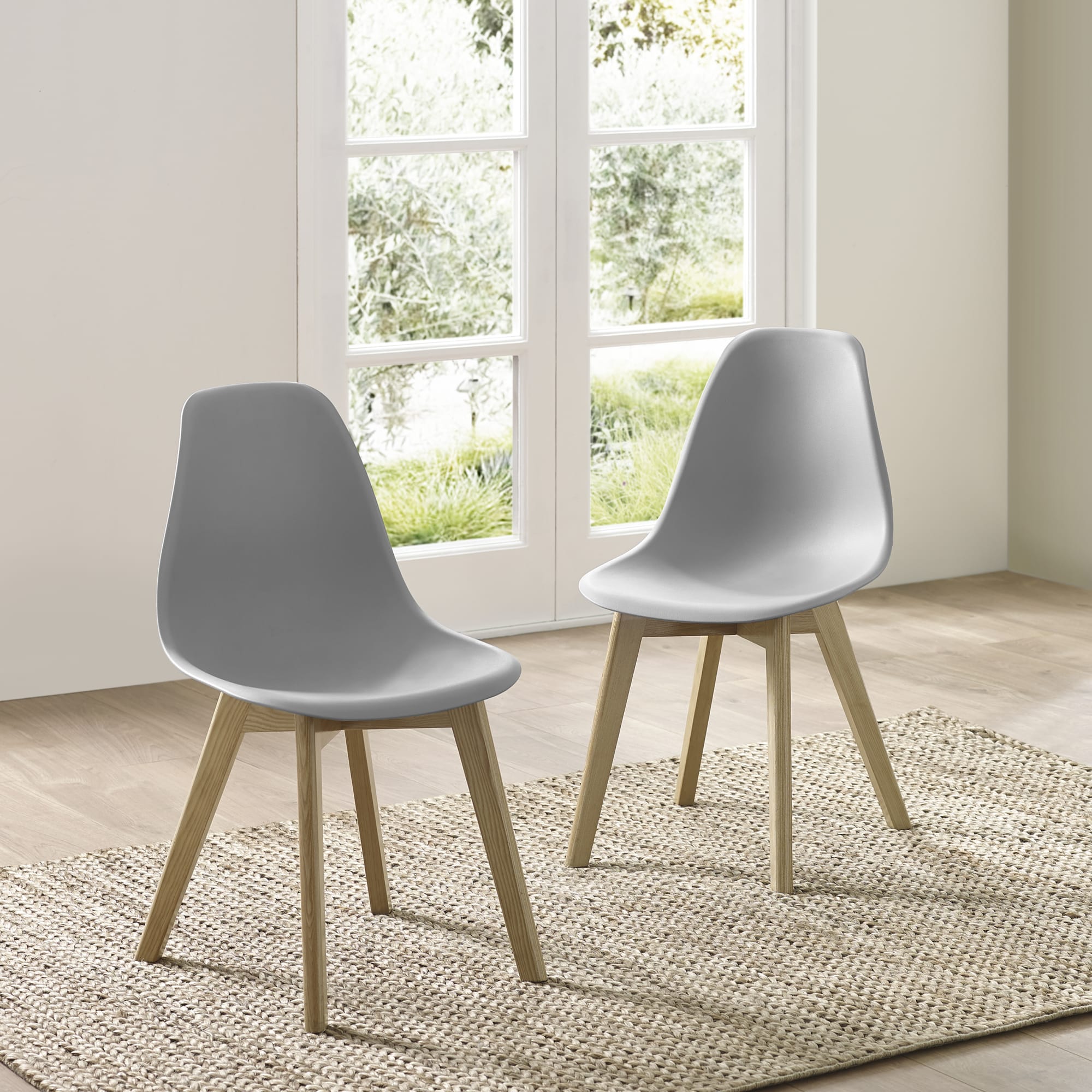 Set of 2 Agatha Grey Plastic Dining Chairs with Wooden Legs