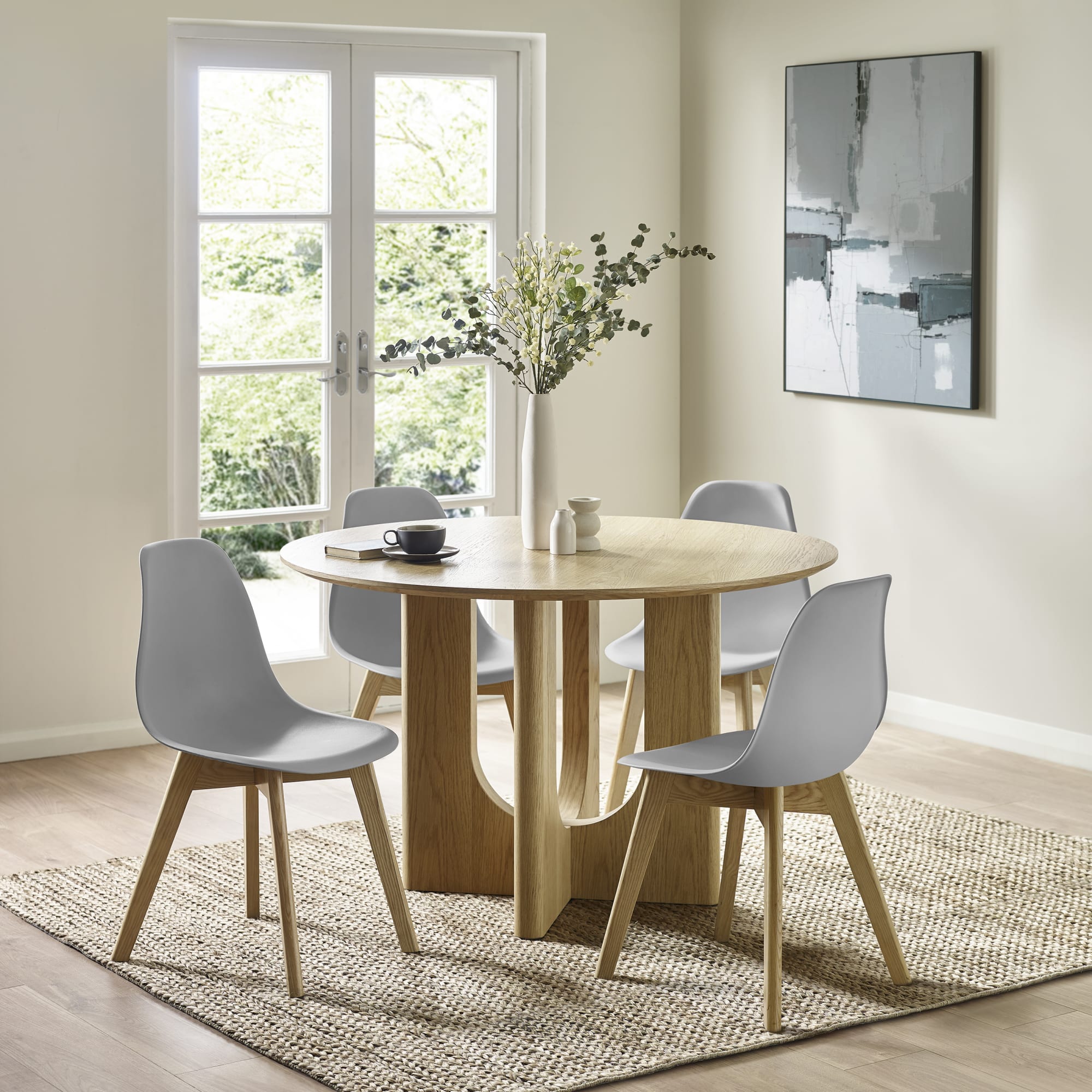 Set of 2 Agatha Grey Plastic Dining Chairs with Wooden Legs