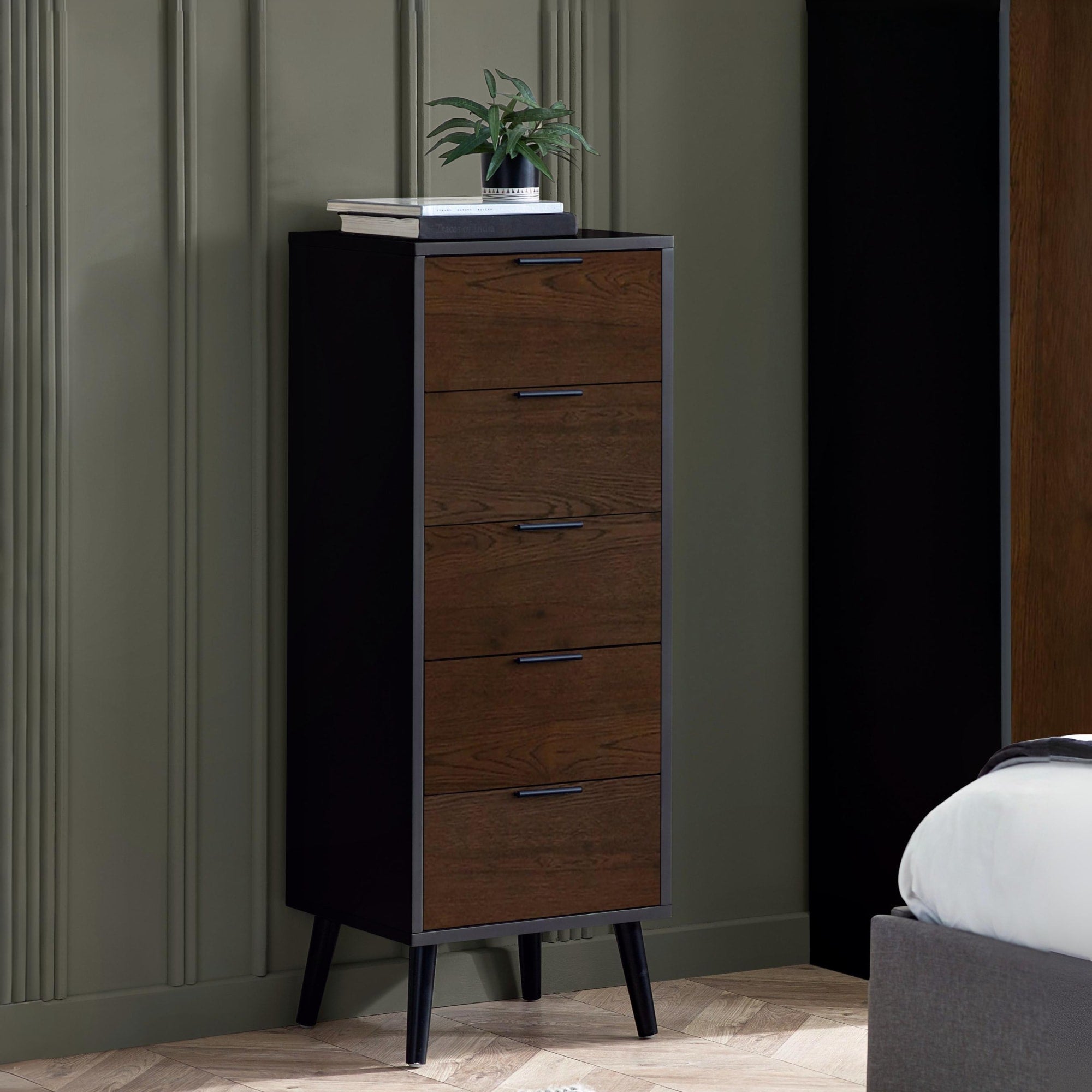 Alba 5 Drawer Narrow Chest - Walnut/Black