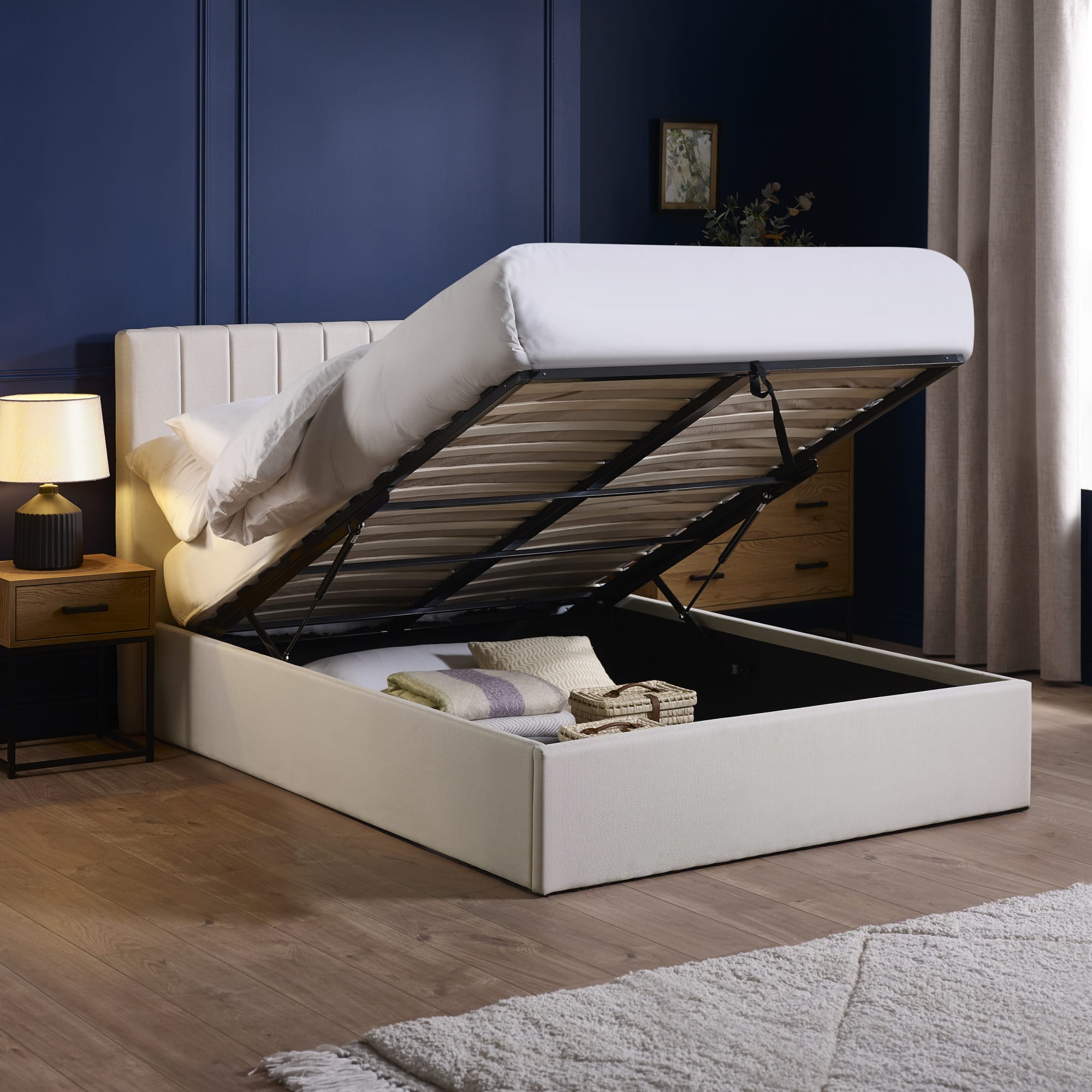 Aylen Oatmeal Linen Upholstered 150cm King Size Ottoman Storage Bed Frame