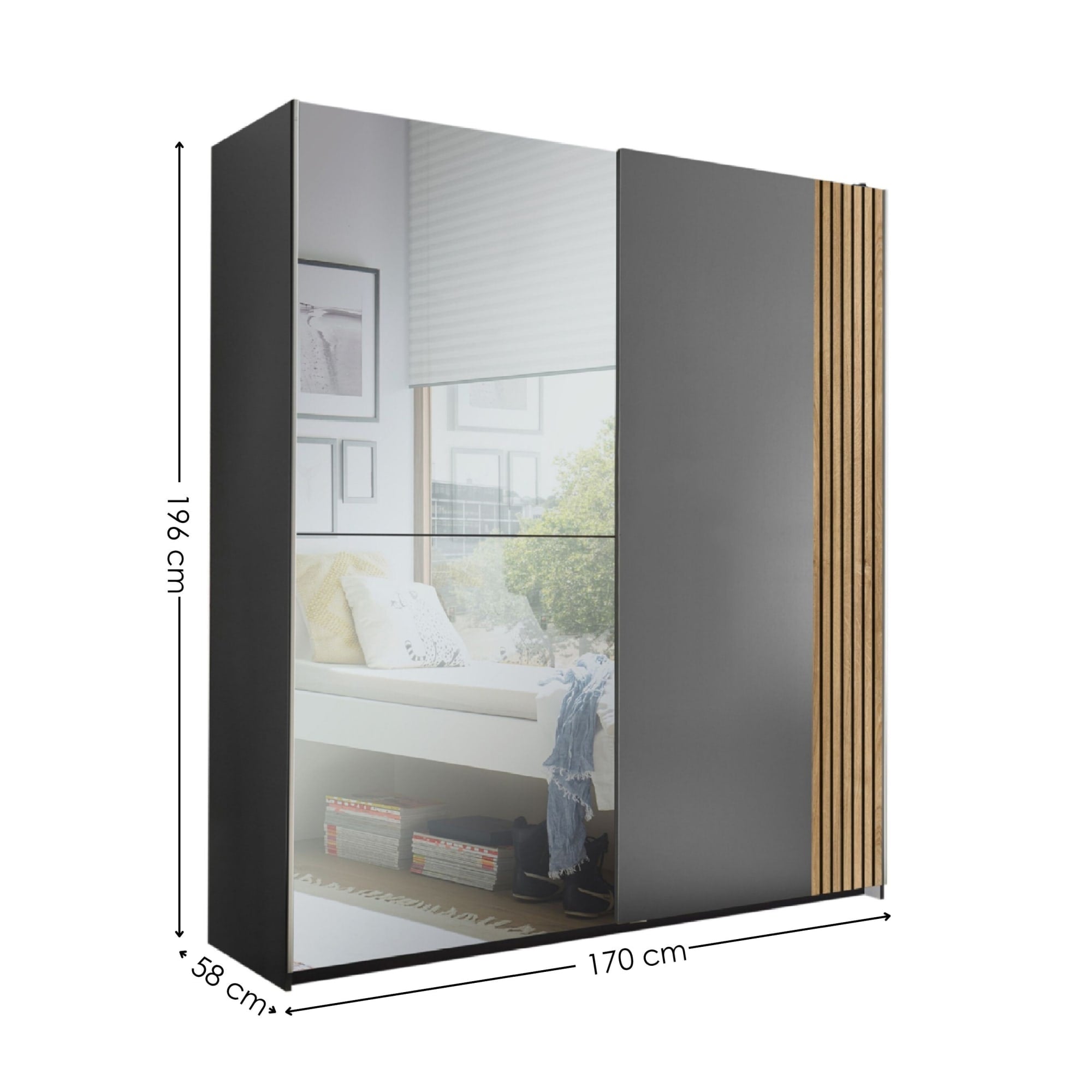 Berno Light Oak and Dark Grey Sliding 2 Door Wardrobe With Mirror