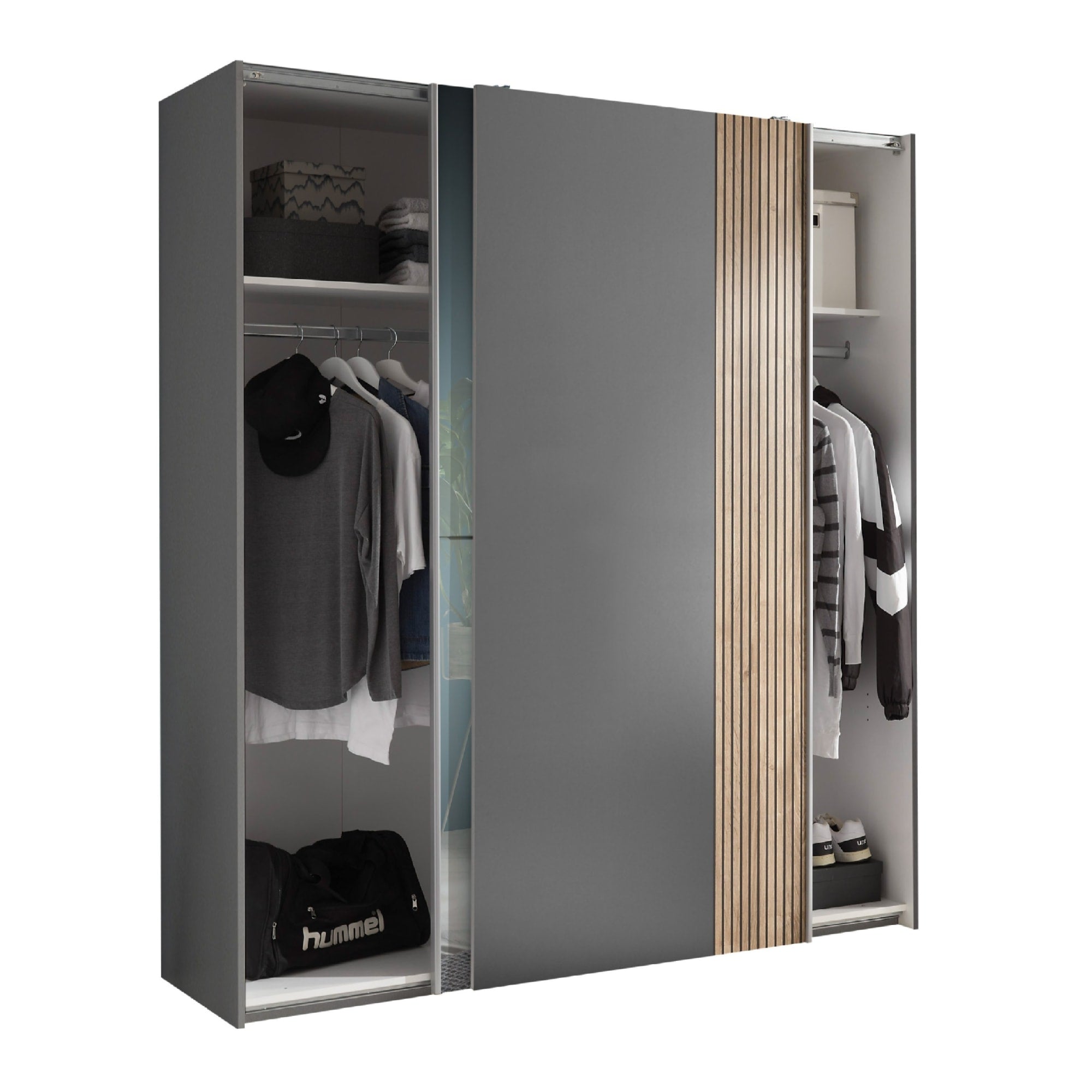 Berno Light Oak and Dark Grey Sliding 2 Door Wardrobe With Mirror