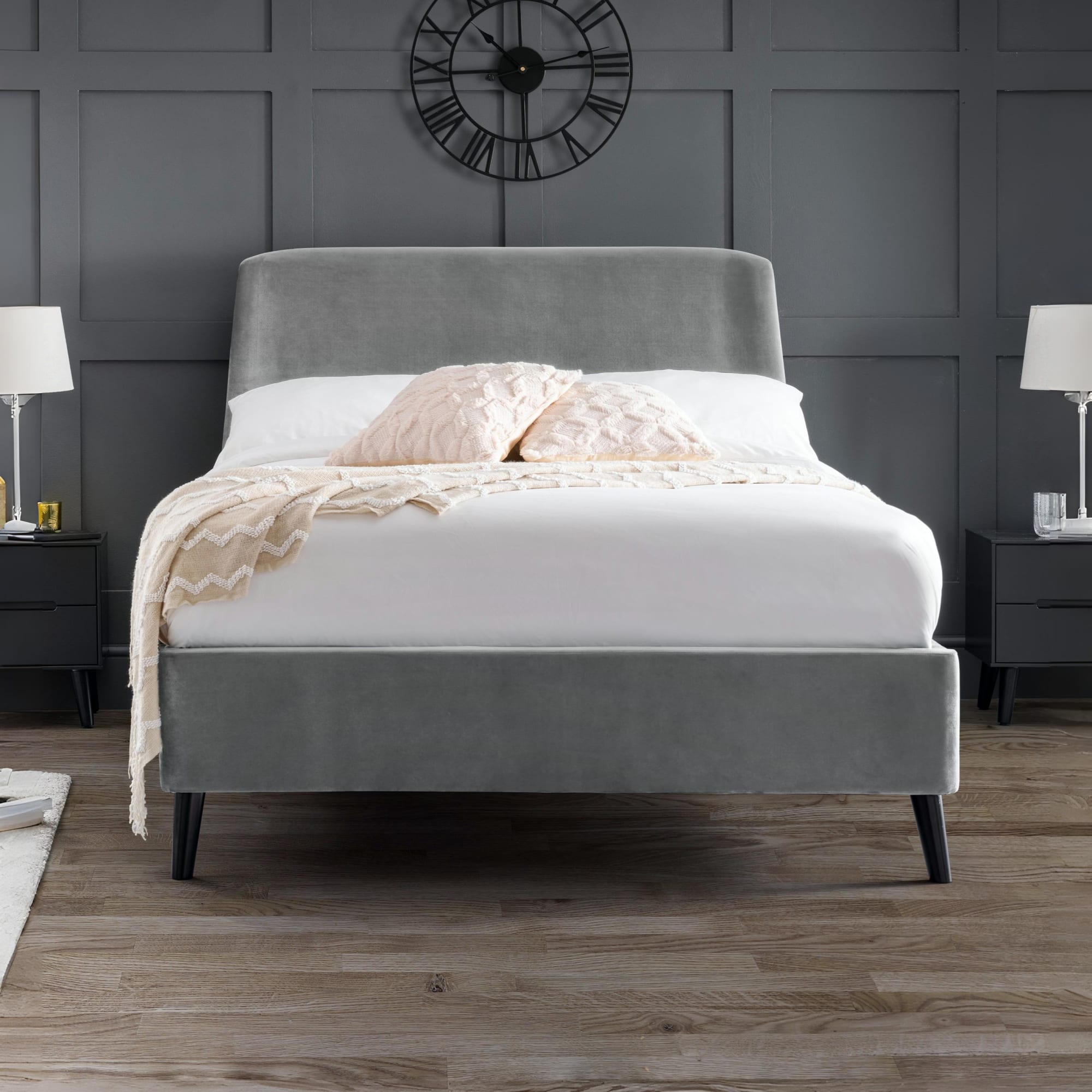 Frida Curved Velvet 150cm King Bed - Grey