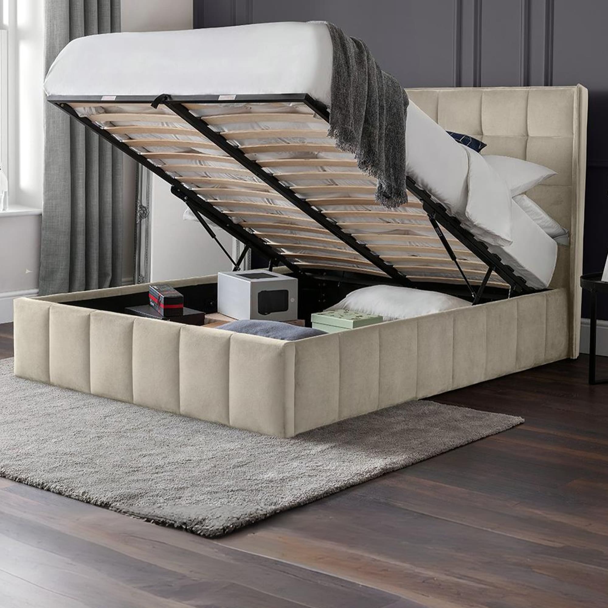 Gatsby Cream Velvet 150cm King Ottoman Storage Bed
