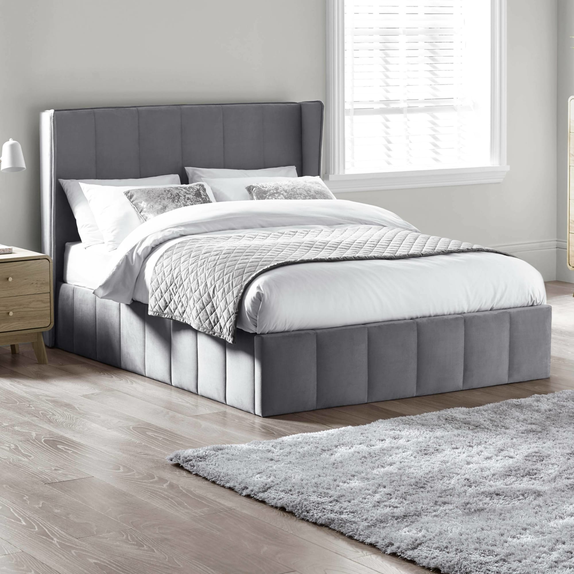 Katie Grey Velvet Upholstered 150cm Kingsize Ottoman Storage Bed