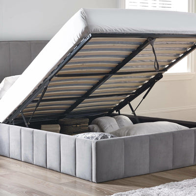 Katie Grey Velvet Upholstered 150cm Kingsize Ottoman Storage Bed