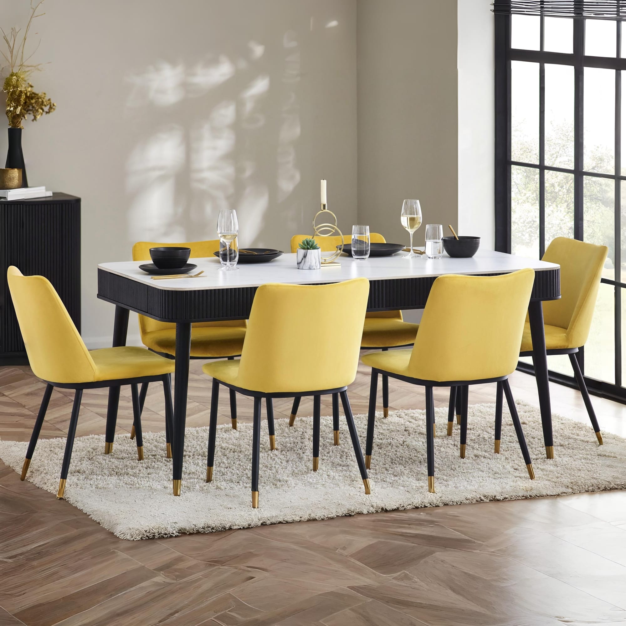Louis Fluted Stone Top Dining Table With Drawers - Black