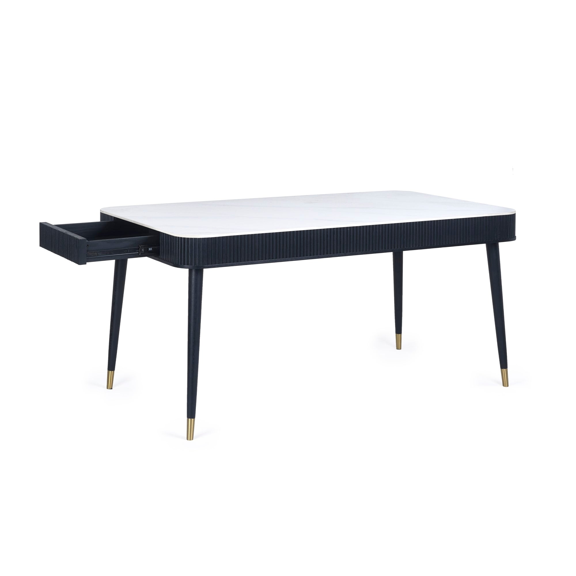 Louis Fluted Stone Top Dining Table With Drawers - Black