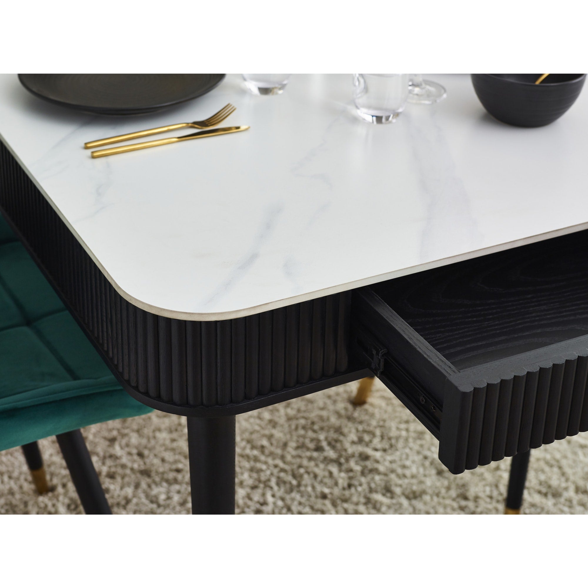 Louis Fluted Stone Top Dining Table With Drawers - Black