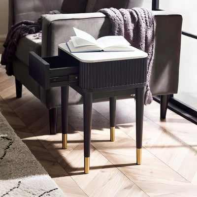 Louis��Fluted Stone Top Lamp Table With Drawer - Black